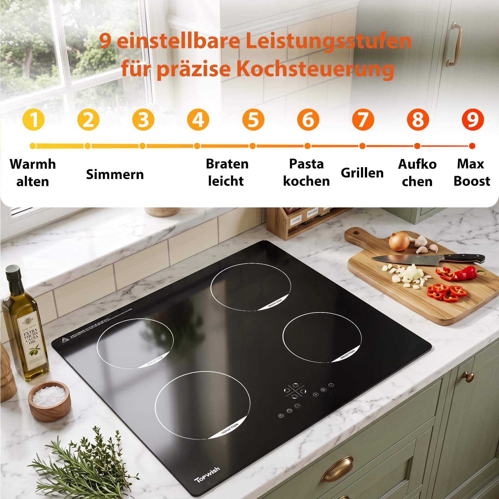 Topwish Induktionskochfeld, Induktionskochfeld 4 platten | Herdplatte 4 kochfelder, Kochfeld induktion mit Kindersicherung, Boost, Touchsteuerung, Restwärmeanzeige, 7200W