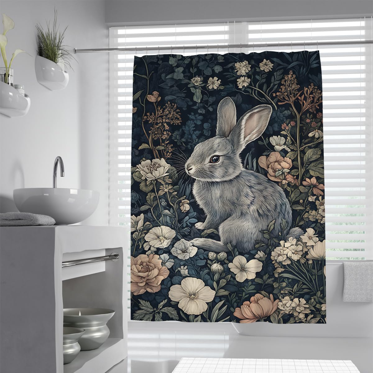 Uiringart Shower Curtains Cute Rabbit Bath Curtain W100xl200cm Dark Forest Roses Botanical Garden Pattern Mold Resistant Quick Dry Washable Bathroom Curtains For Bathtub With Hooks
