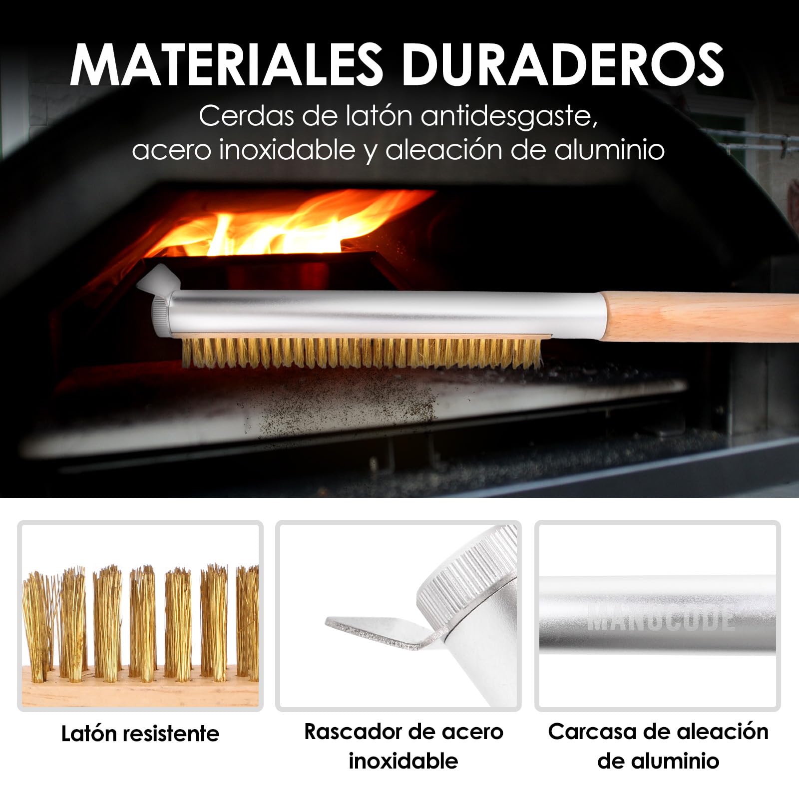 Cepillo para horno de pizza de mango largo, cepillo de piedra para horno de pizza, cerdas de latón, cepillo de pizza para horno de pizza, herramienta de limpieza alargada, accesorios Shuying