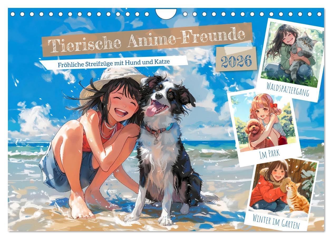 Animal anime friends - Happy rambles with dog and cat UK-Version (Wall Calendar 2026 DIN A4 Landscape), CALVENDO 12 Month Wall Calendar — image 1
