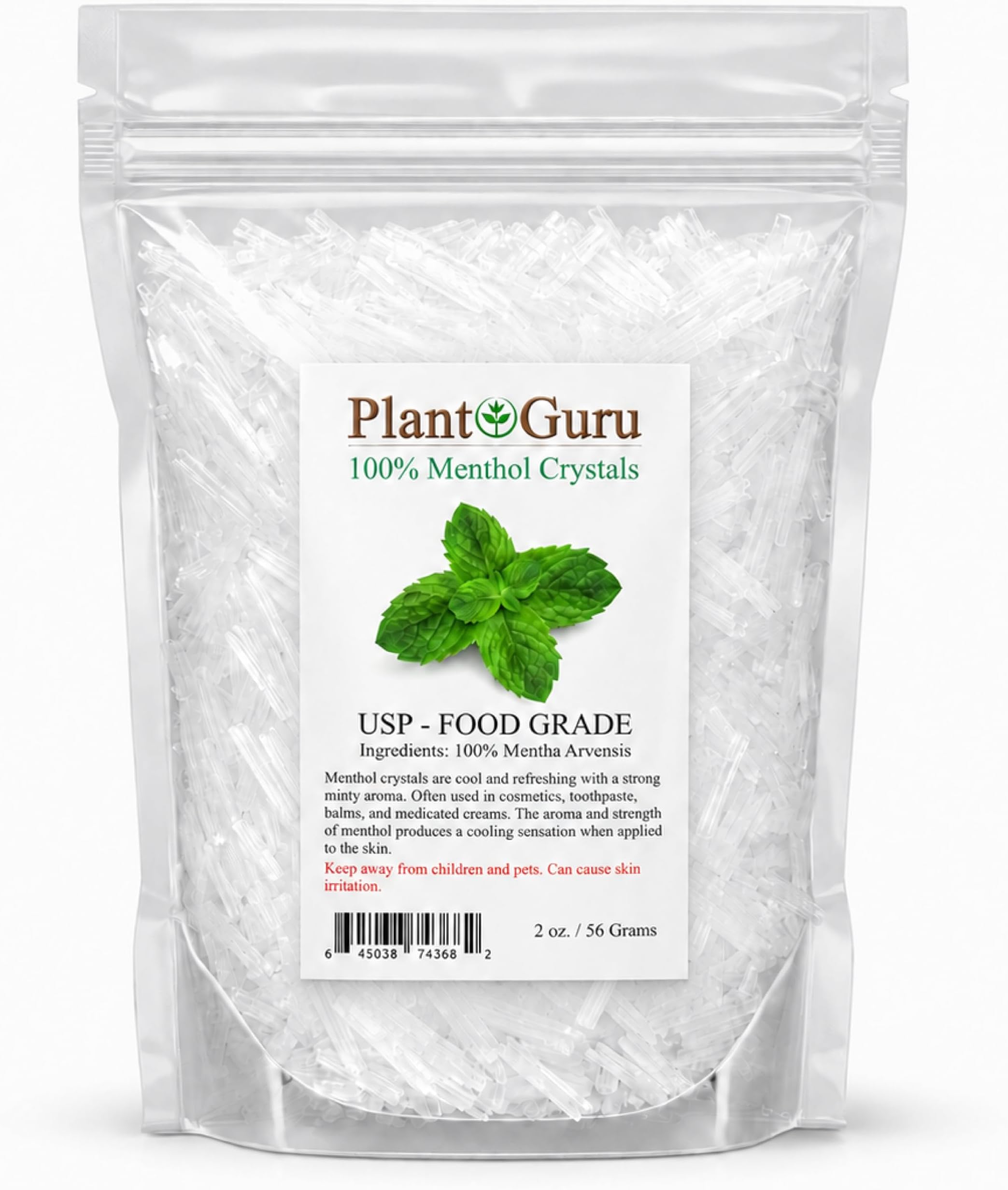 Plant Guru Menthol Crystals 2 oz. Mentha Arvensis 100% Pure Natural USP Food Grade - Great for Cosmetics, Salves, Balms, Creams and Soap Making.