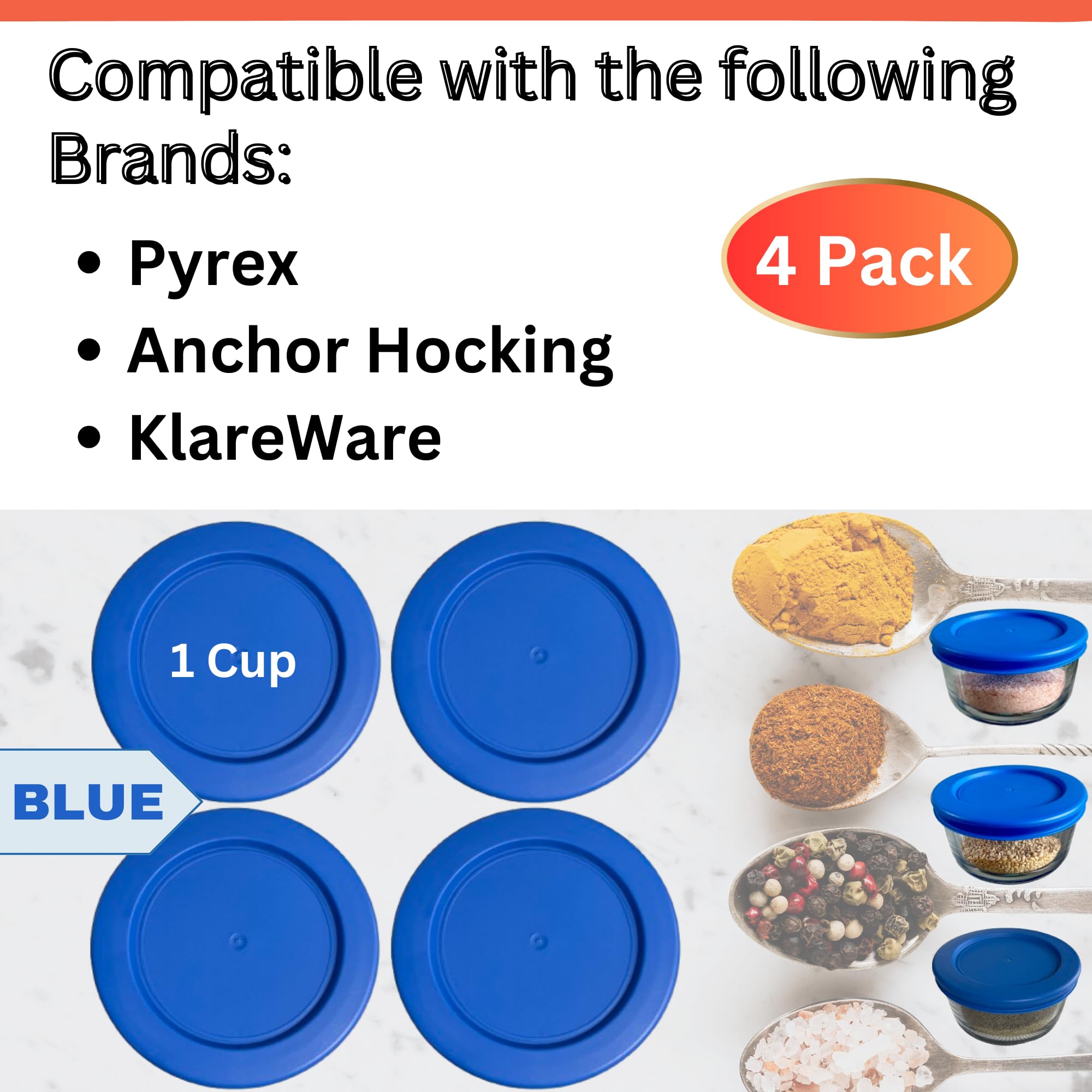 Klare Ware 1 Cup/236 mL Blue Replacement Lids/Covers for Pyrex 7202-PC, Anchor Hocking & Klare Ware Storage Bowls *Lids Only - Glass Container Not Included* (4 Pack, Blue)