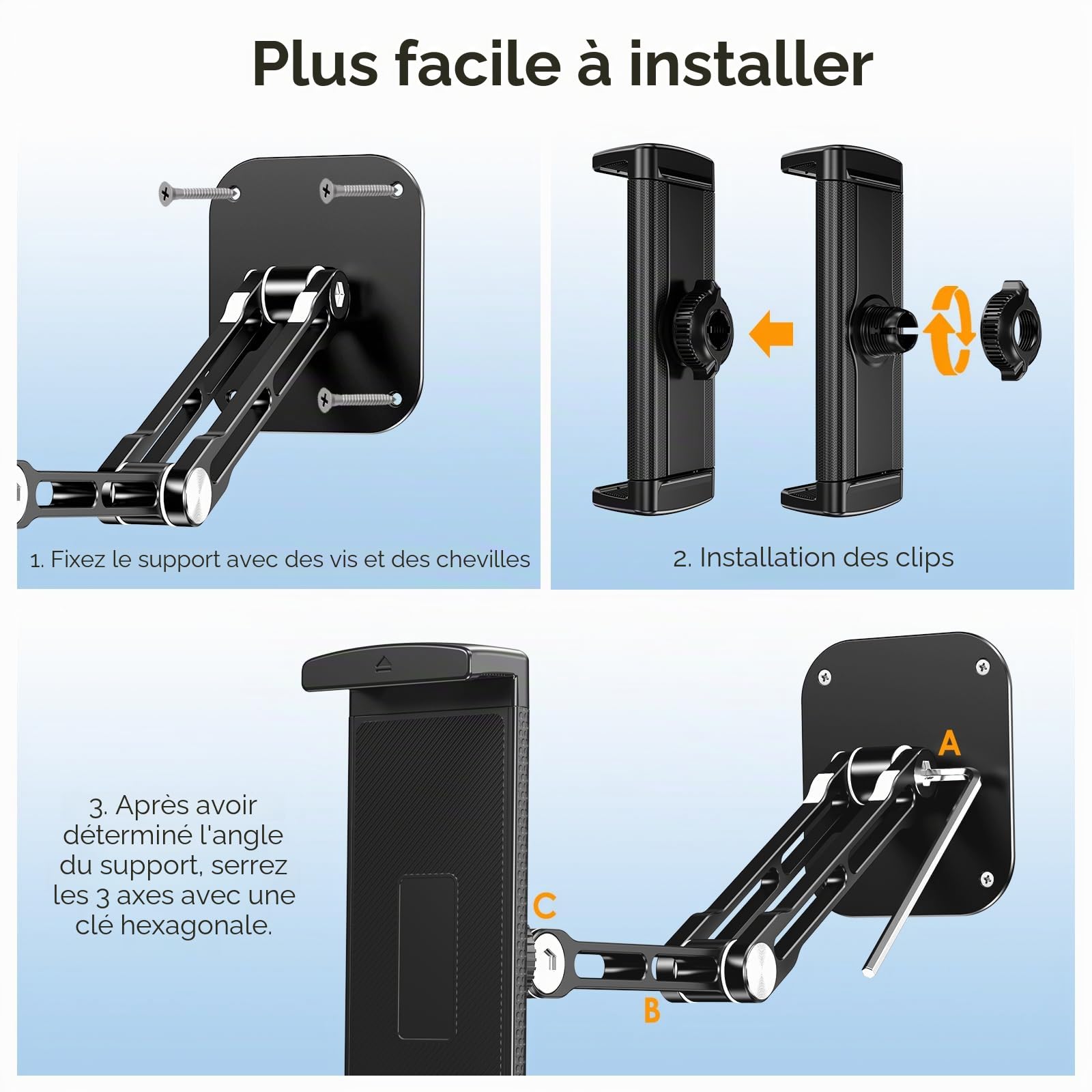Support Mural pour Tablette, Support Mural Extensible en Aluminium pour iPad, avec Base rotative à 360° réglable et Pliable pour iPad Pro Air, Tous Les téléphones et tablettes de 4,7 à 13"