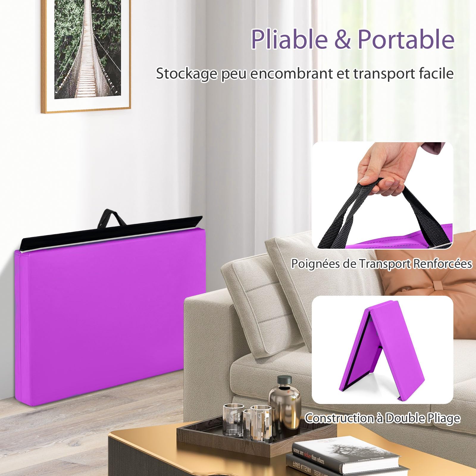 GYMAX Tapis de Gymnastique Épais Pliable 180x60x5cm, Combinaisonable avec Attache Auto-Agrippante, Housse en Simili Cuir, Portable avec Poignées de Transport, pour Yoga Fitness Étirement (Violet Vif)
