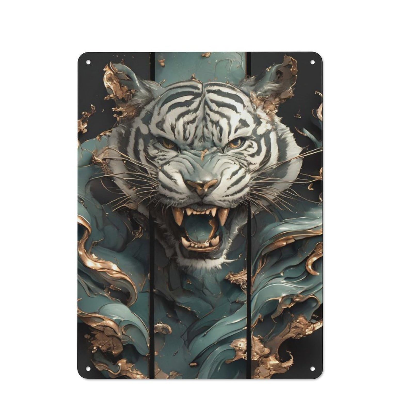 Junmoney Style-19 Tin Sign 40X30cm With Roaring Tiger Teal And Gold Art For Living Room Wall, Retro Decor, Autumn Wall Decor For Living Room Decor Lovers