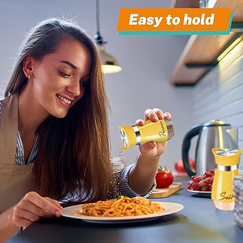 Miniatura 100 de Juego de saleros y pimenteros, coctelera de sal y pimienta con fondo de vidrio de 4 onzas con tapa de acero inoxidable para mesa de cocina, Rojo