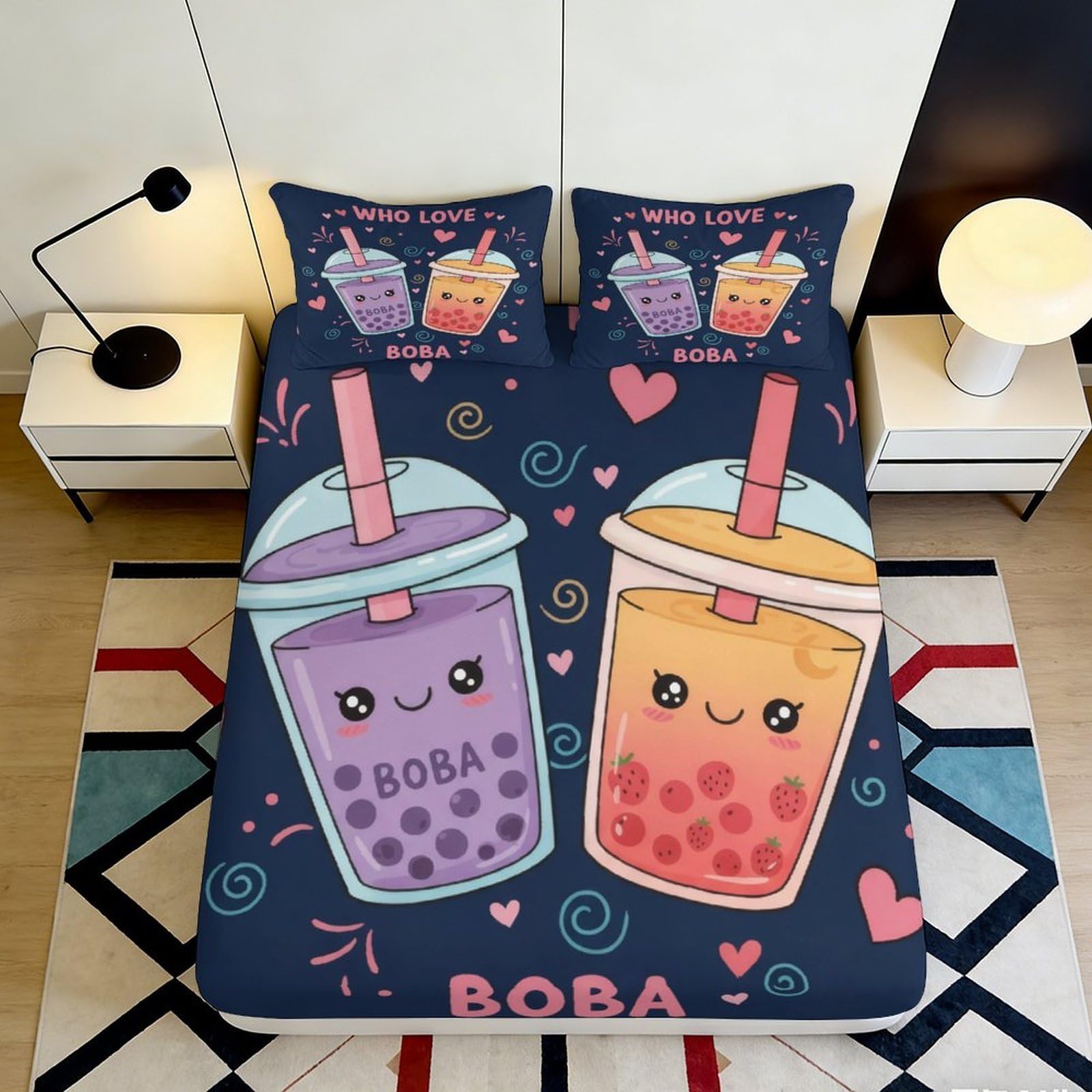 3D Printed Cute Boba Bubble Tea Fitted Sheet Microfiber Soft Breathable Cartoon Drink Bed Cover for Bedroom Dorm Mattress Decor 90x200x25cm