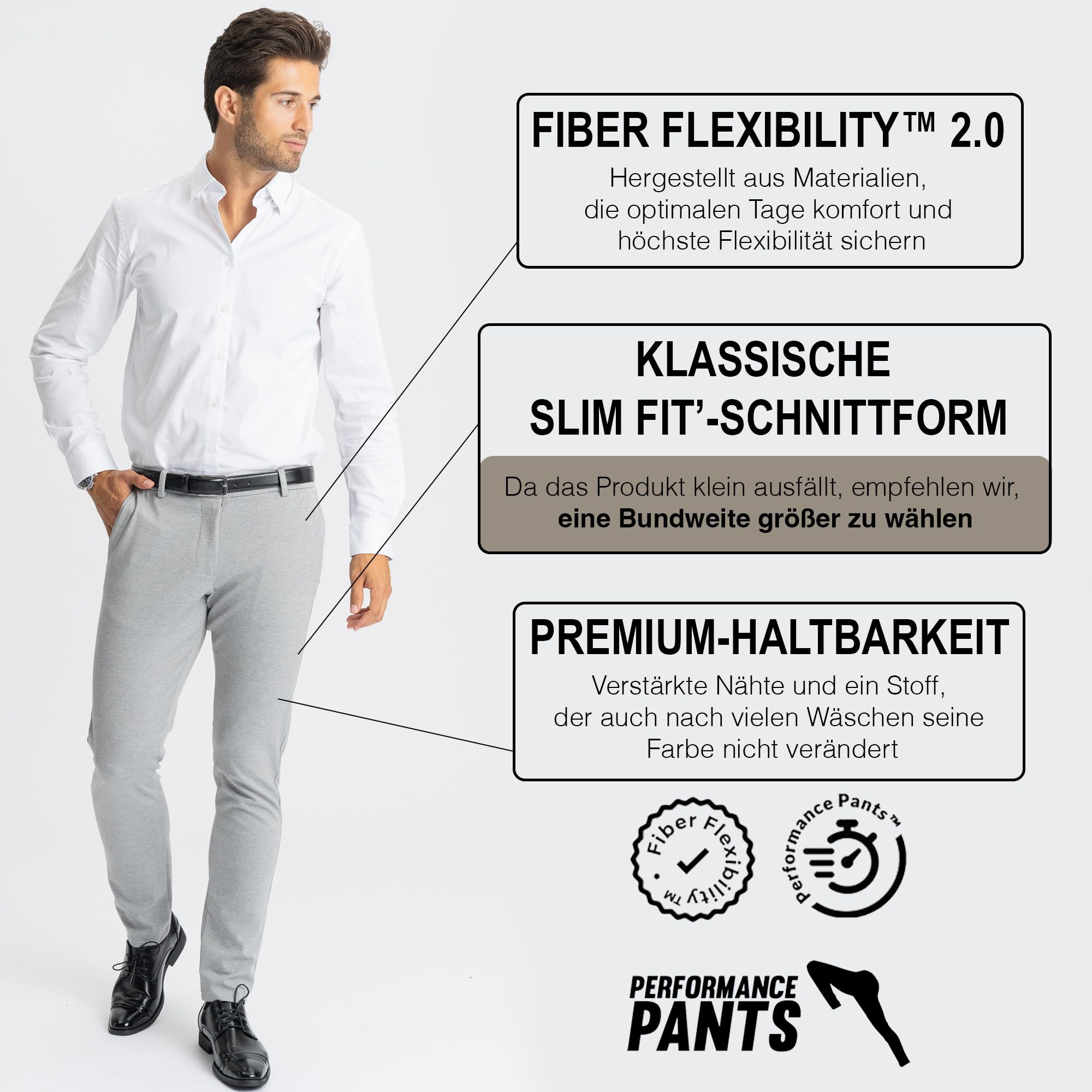 Performance Pants Męskie stylowe spodnie ze stretchem, krój slim fit, spodnie ze stretchem, wygodne i praktyczne, do pracy i w czasie wolnym, wygodne spodnie materiałowe dla, jasnoszary, 28W / 32L