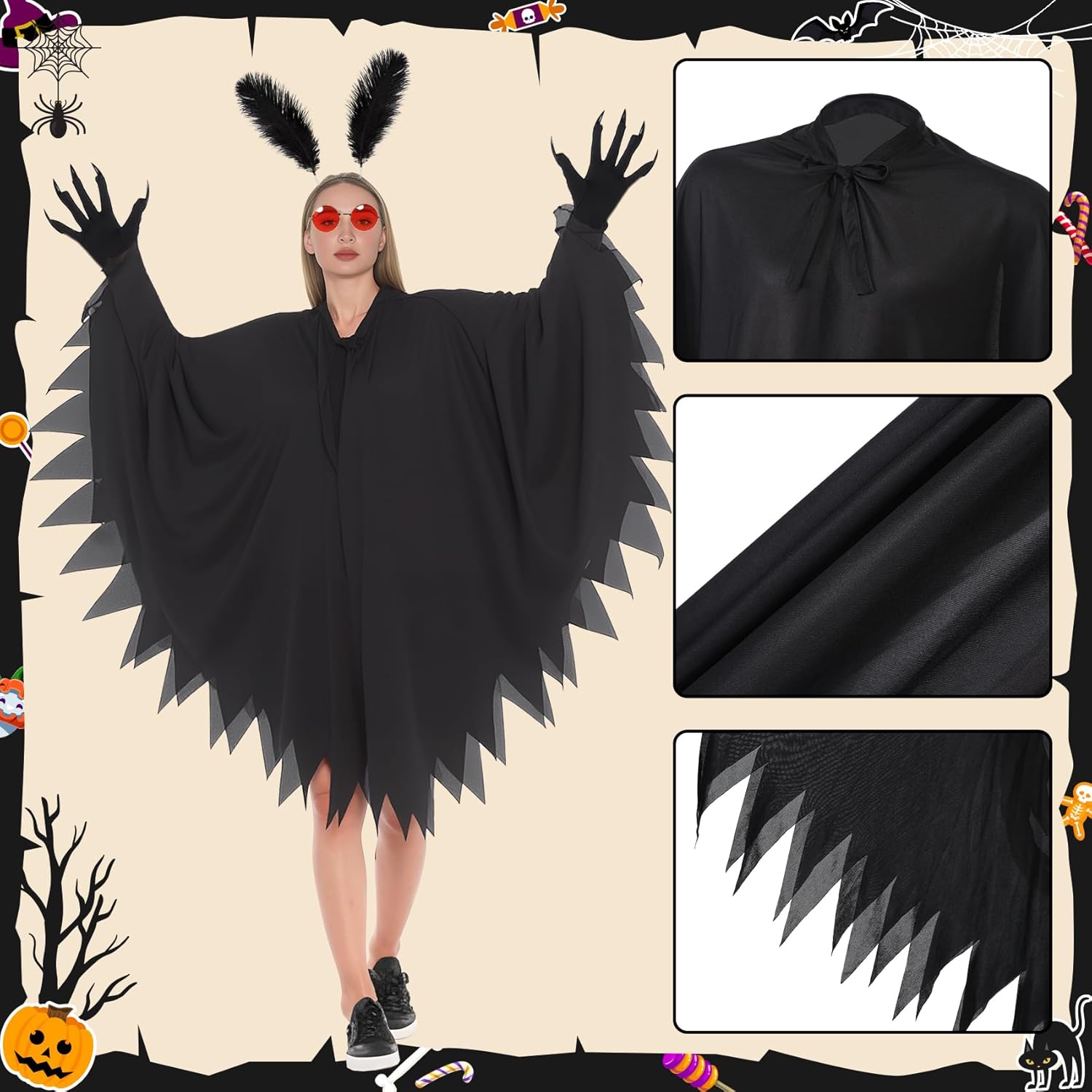 Halloween Unisex Mothman Costume Paw Gloves Glasses Headband Black Cape for Adult Halloween Cosplay Party(Elegant) - Image 2