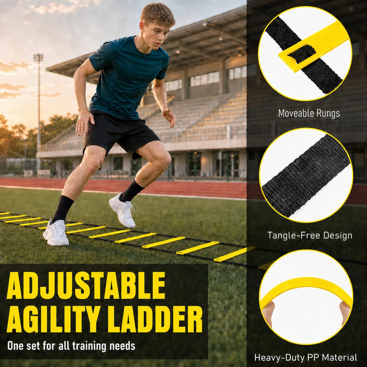 Juego de equipo de entrenamiento de agilidad de fútbol, accesorios de fútbol, escalera de agilidad de 20 pies, 12 conos, entrenador de fútbol solo, equipo de entrenamiento de velocidad de