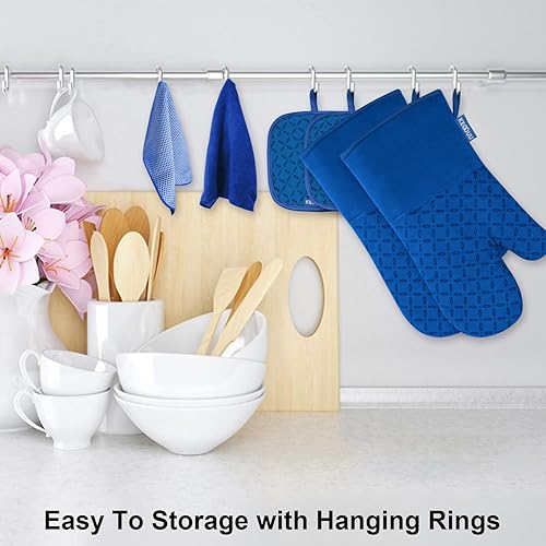 Miniatura 11 de KEGOUU Juego de 6 manoplas para horno y soportes para ollas, guantes para horno de cocina, resistentes al calor, 500 grados, extra largos, Azul cielo