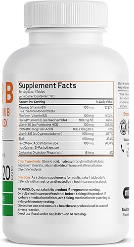 Miniatura 2 de Bronson Vitamina B 100 Complejo de liberación sostenida de alta potencia (vitamina B1, B2, B3, B6, B9 - ácido fólico, B12), 120 tabletas
