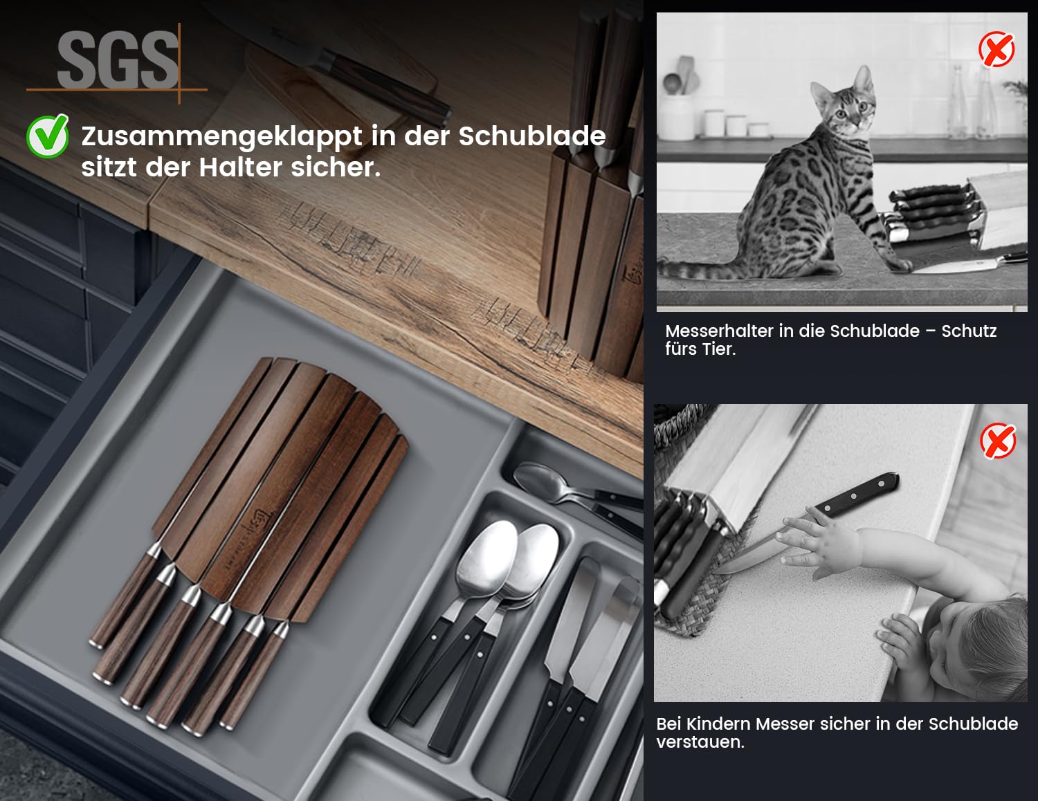 SYOKAMI Messerset 7-teiliges Küchenmesser-Set im japanischen Stil mit faltbarem magnetischem Akazienholzblock, scharfer Karbonstahl für die Küche mit rutschfestem ergonomischem Griff