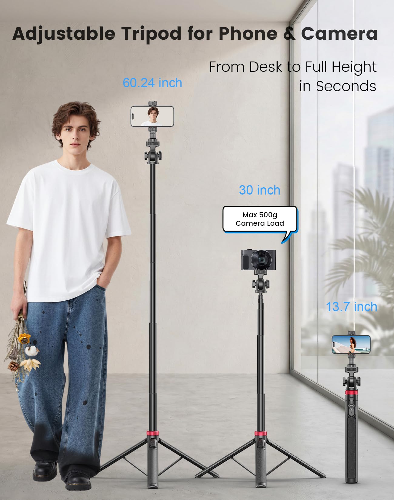 Trípode de teléfono móvil con luz LED de llenado, palo selfie trípode de 35 – 153 cm con mando a distancia Bluetooth, rotación de 360°, para iPhone Android, cámara TikTok YouTube Vlog Live Streaming