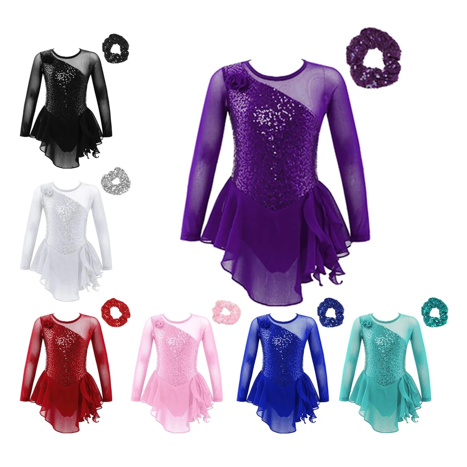 Medias Patinaje Artistico Niña Vestido de patinaje sobre hielo con figura Floral de lentejuelas for niñas, recortes en la espalda, mangas largas, leotardo de gimnasia de Ballet, traje de baile de saló