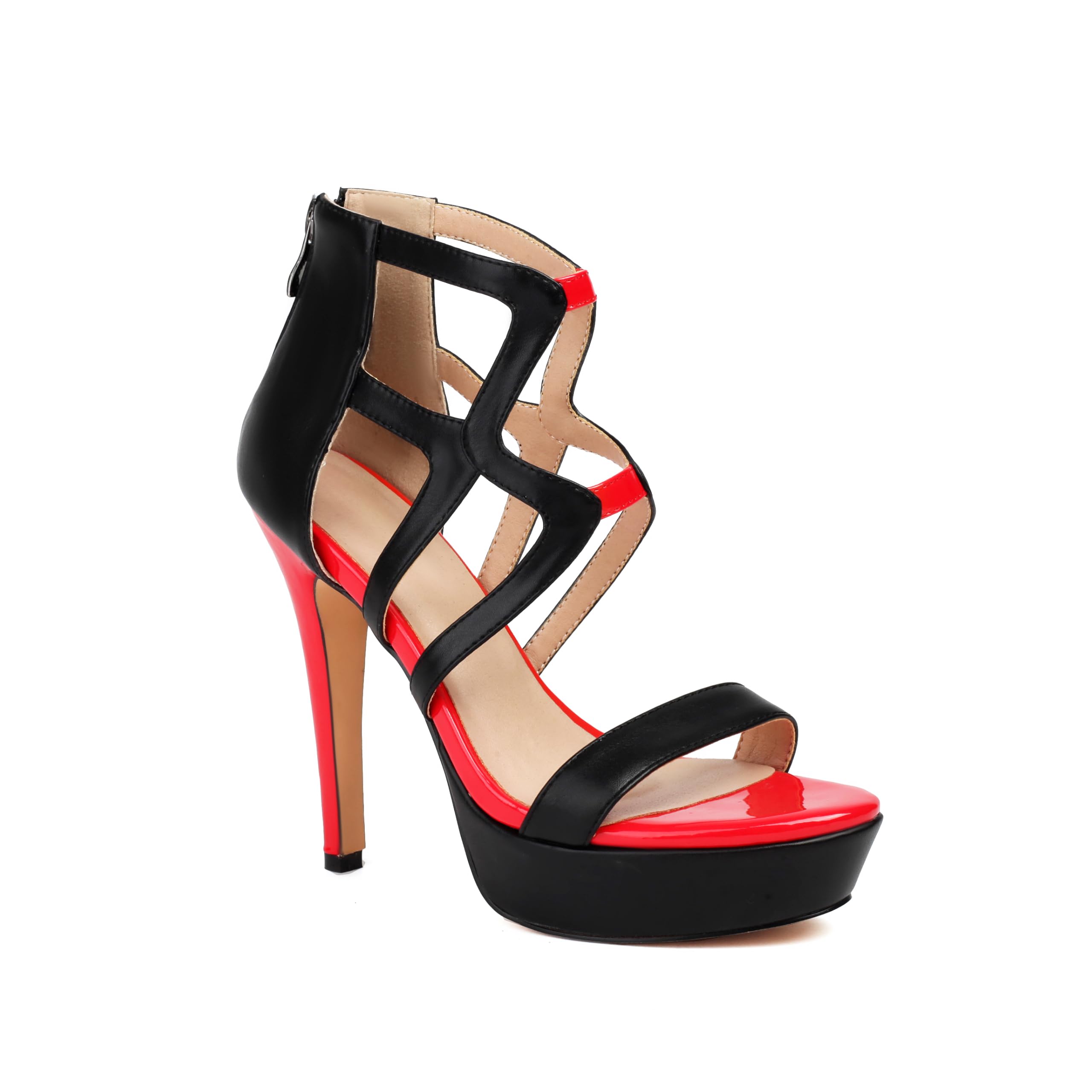 Feinlina Bapolee Sandales à talons hauts sexy pour femme - Sandales à talons hauts - Bout ouvert - Noir et rouge - Talon aiguille - Chaussures de fête avec fermeture éclair à l'arrière