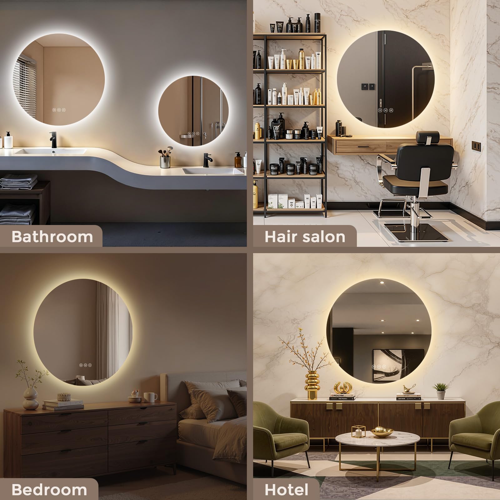 Lustro łazienkowe LED 80 cm okrągłe S'AFIELINA, lustro z LED do łazienki, lustro łazienkowe z oświetleniem LED, antypara, ściemniane, 3 barwy światła, pamięć, IP65
