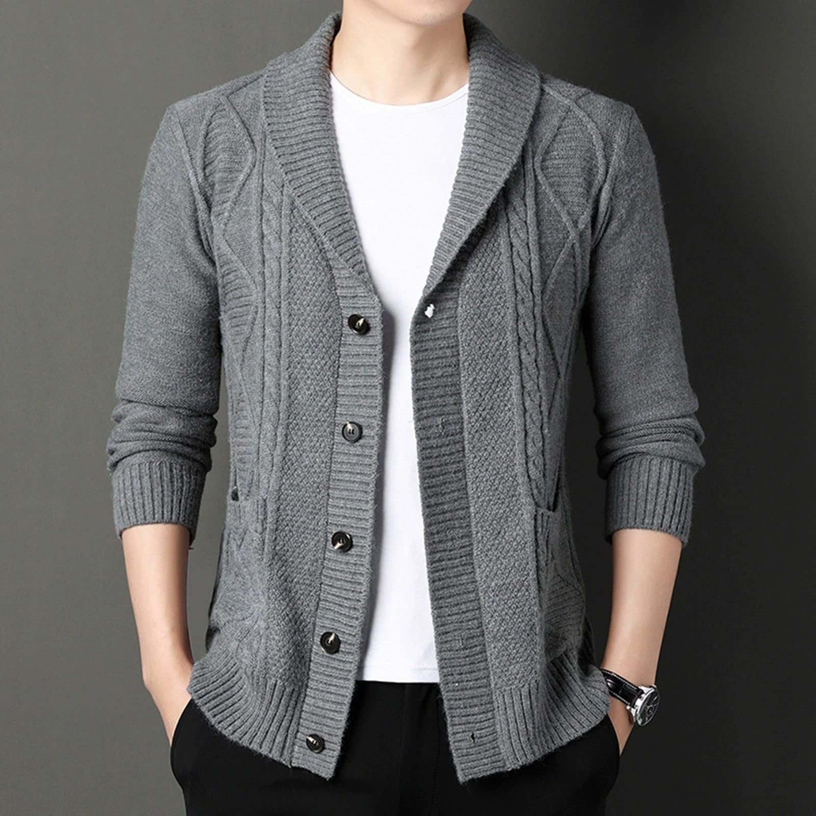 Cardigan Hombre Punto, Chaqueta Lana Hombre con Cuello En V Manga Larga Suéter De Punto con Botones Elegante Ajustado Cárdigan Ligero con Bolsillos para La Moda Diaria Y Comodidad
