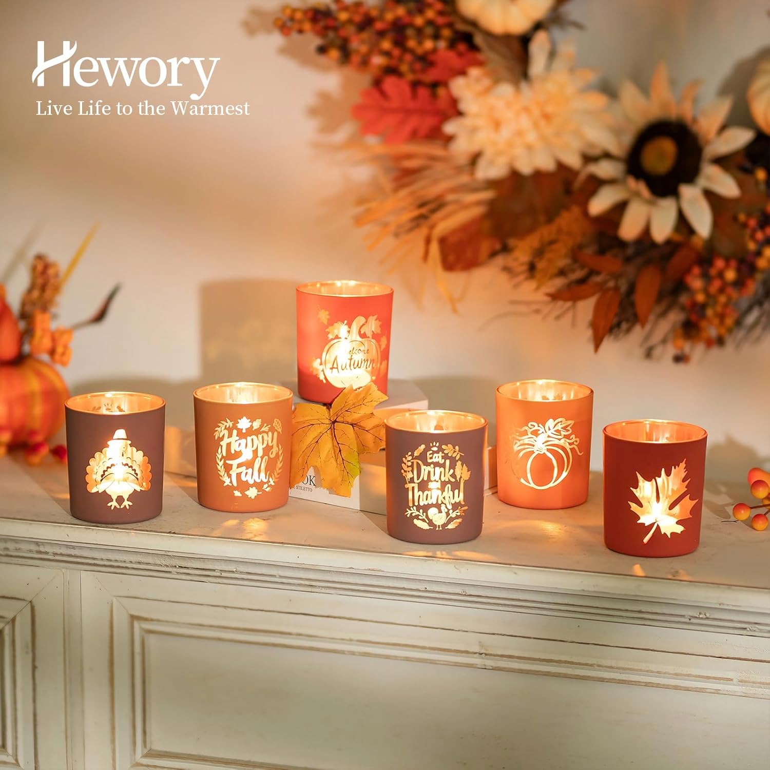 Hewory Thanksgiving Votive Candle Holders: Fall Glass Tea Light Candle Holder Set of 6, Thanksgiving Table Decorations Centerpieces for Dinner Tabe Fireplace Mantle Fall Decorations for Home Party