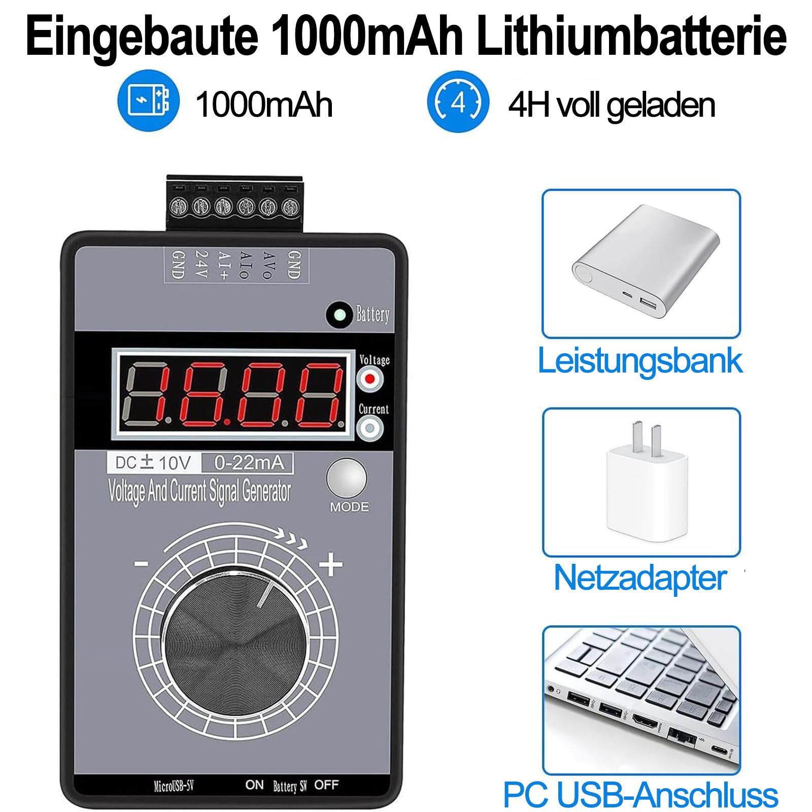 Handheld Digitaler Signalgenerator, 0-10V 0-22mA Einstellbare Spannungsstromsignalgenerator Analoger Simulator, Strom-Spannungs signal generator Stromspannung Analoger für SPS System Debugging