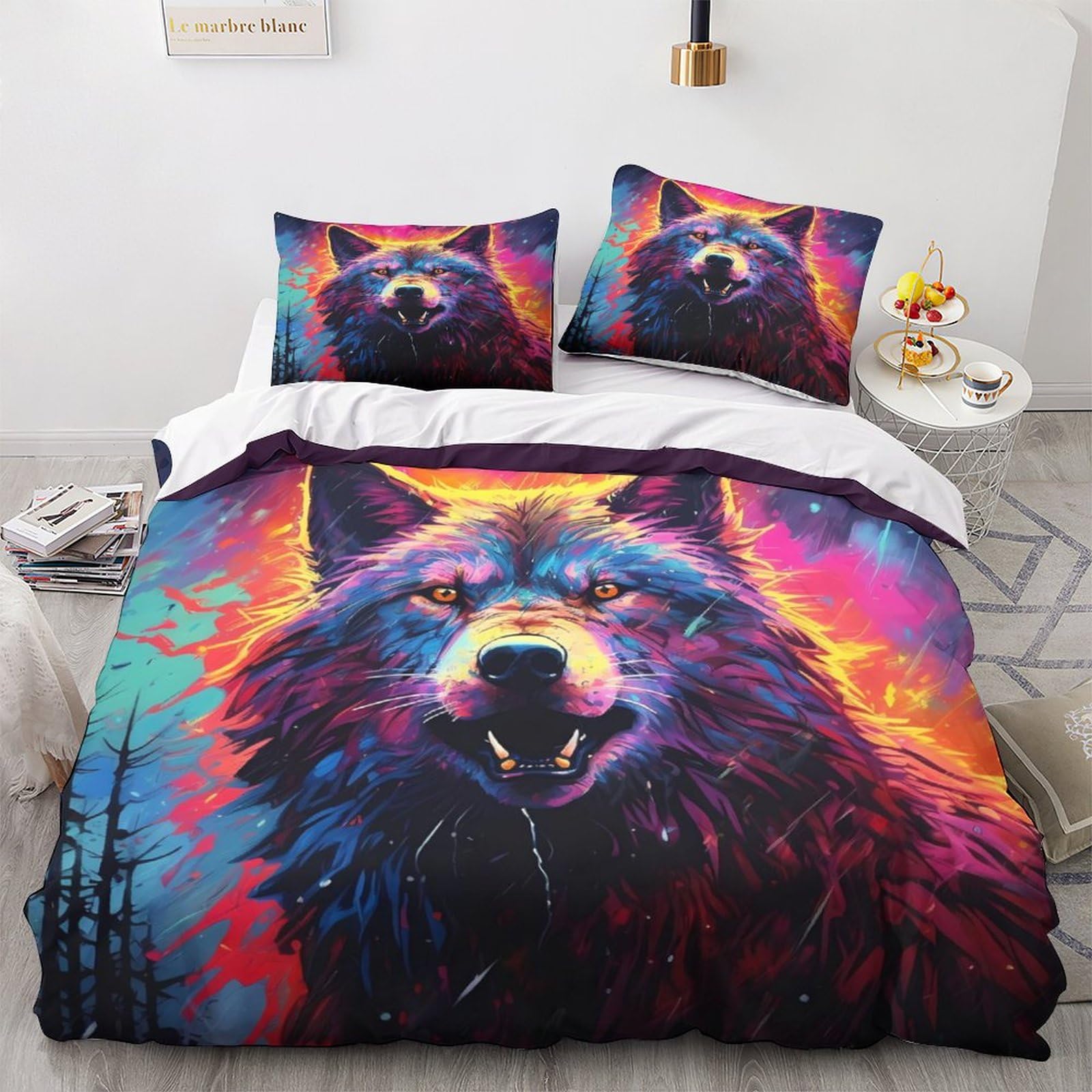Housse de couette loup 220x240 cm avec 2 taies d'oreiller pour lit king size