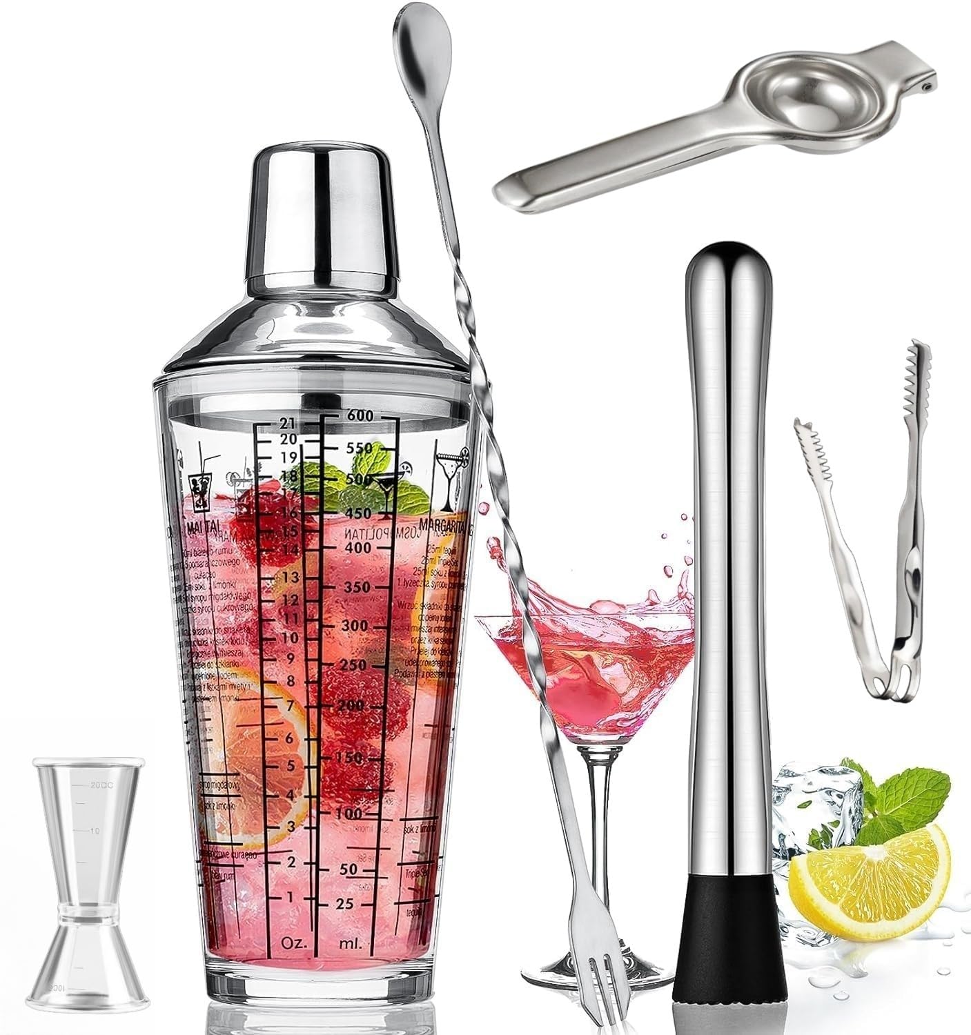 Fohome Cocktail Shaker Set, 7Pcs Bartender Kit Cocktail Mixers, Stainless Steel Bar Tools Kit with 400ML Shaker, Strainer, Mixer Spoon, Muddler, Liquor Pourers for Bar Accessories