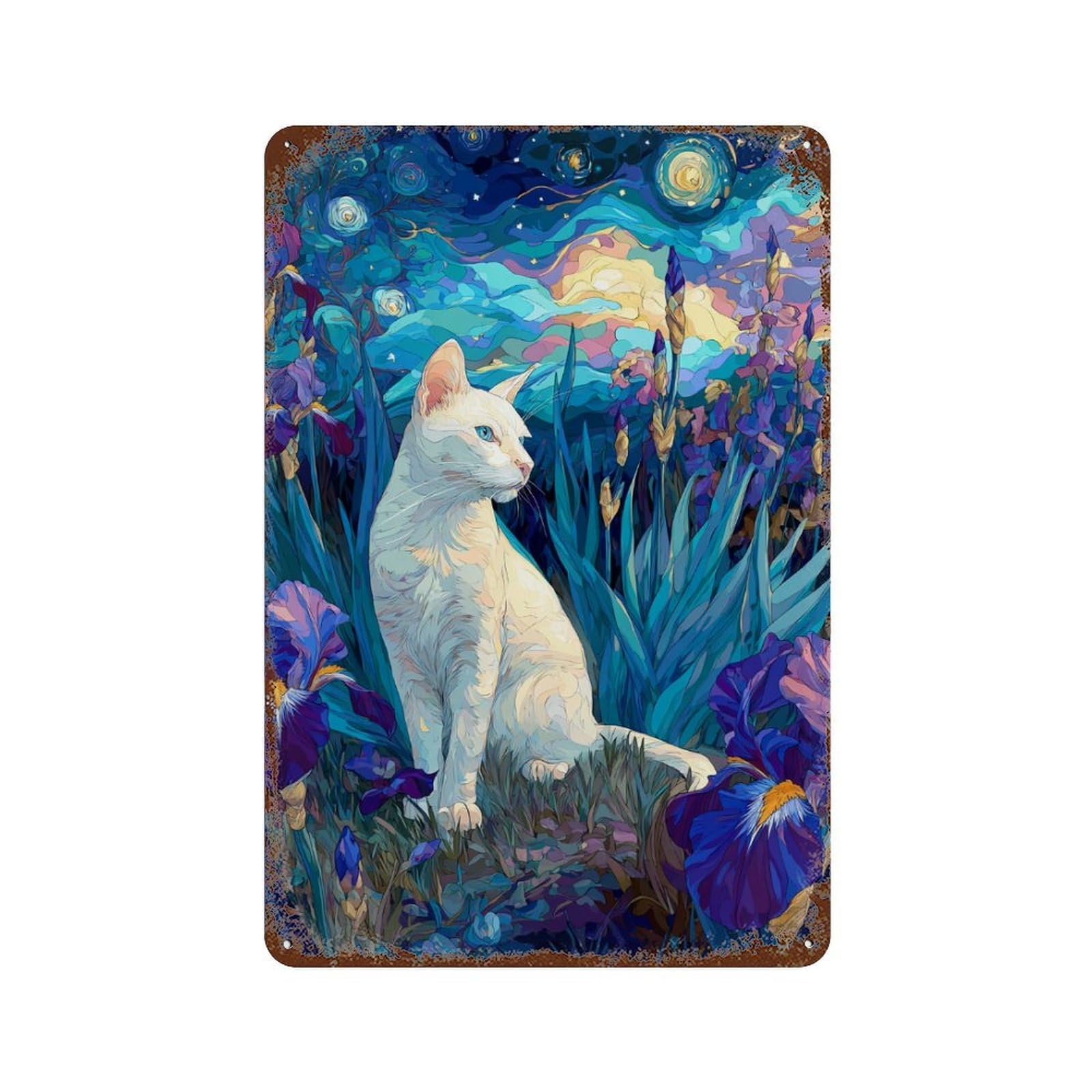 Starry Night Iris Garden Cat 11.8"x7.9" Vintage Rust Metal Sign, Novelty Wall Decor for Living Room, Hallway And Home Decor