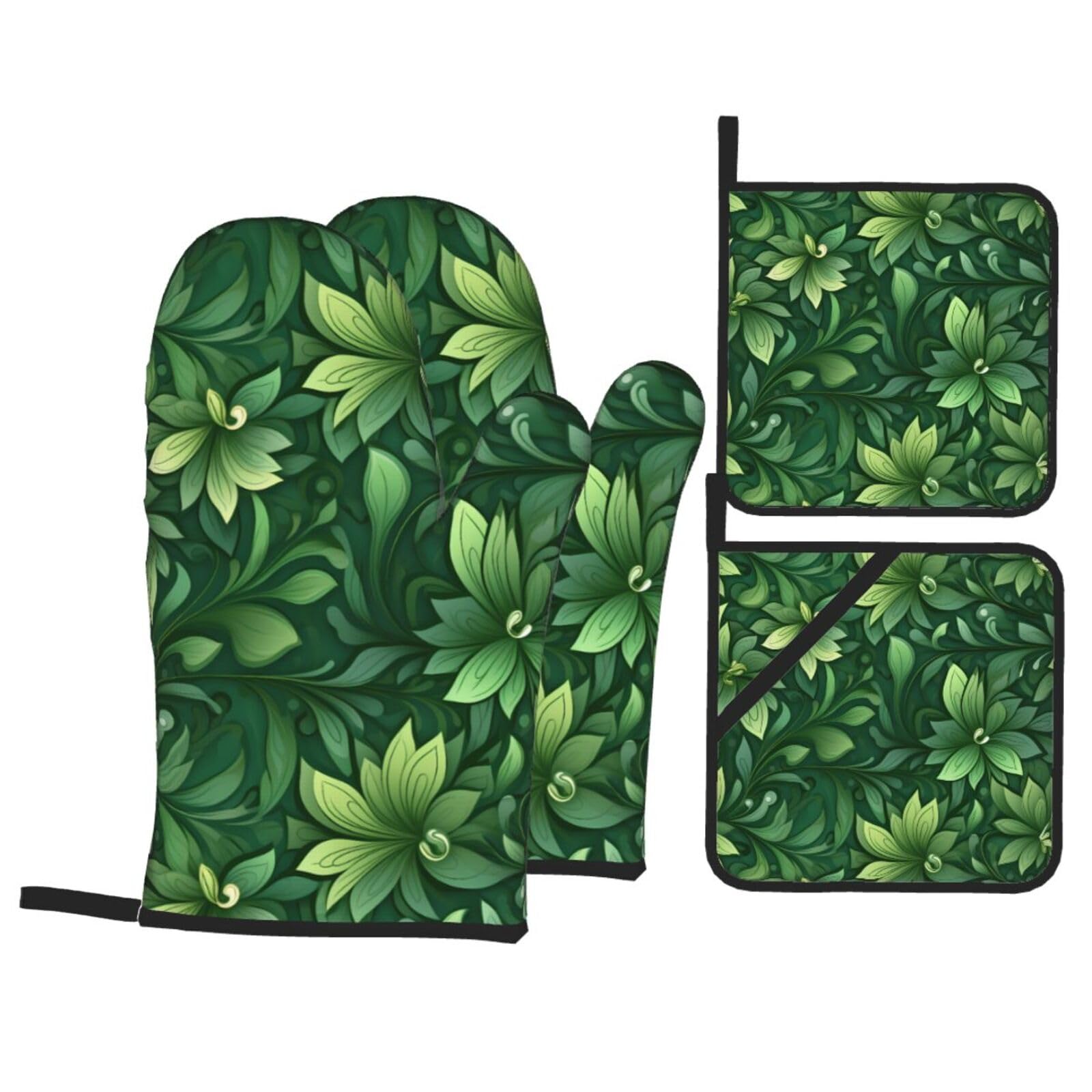 HJFCZH Green Flower Picture Kitchen Baking Set of 4 Thick Insulated Oven Mitt & Pot Holders, Anti-Scalding for Microwave, Oven, Outdoor BBQ