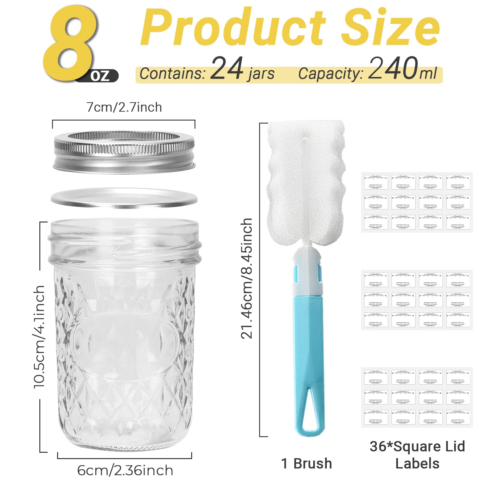 Einmachgläser aus Glas, 237 ml, normale Öffnung, mit silbernen und goldenen Aluminiumdeckeln und Bändern, luftdichte Marmeladengläser für Lebensmittelaufbewahrung, Einlegen, Gären, Honig,