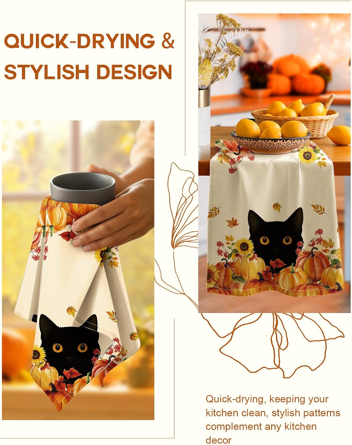 Miss Adola 150GSM Flour Sack Kitchen Towels Set of 2, Cat in Pumpkins