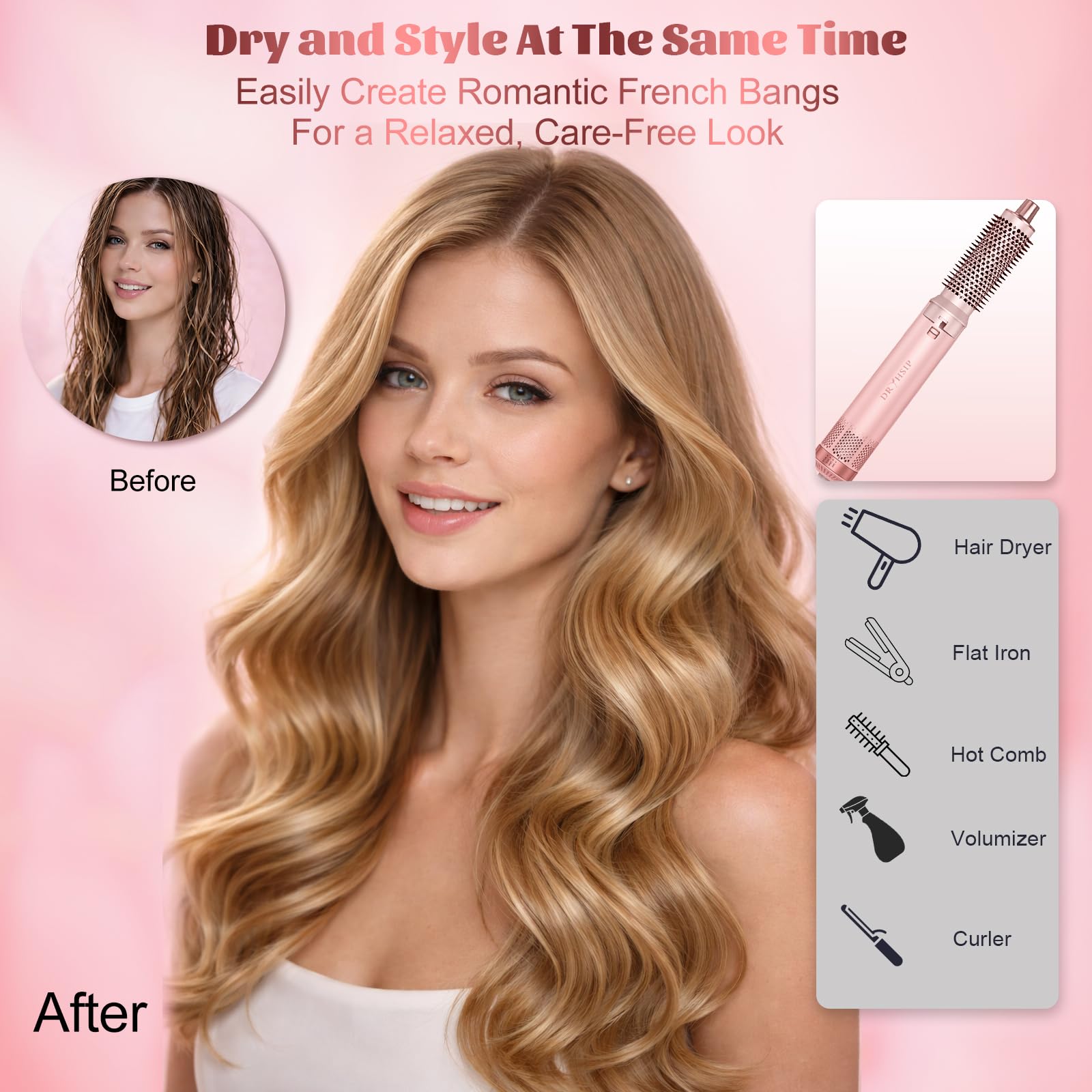 5 in 1 Spazzola Asciugacapelli Airstyler, Arricciacapelli Automatico, Spazzola Lisciante, Volumizzante, Adatto a Tutti i Tipi di Capelli - Blush