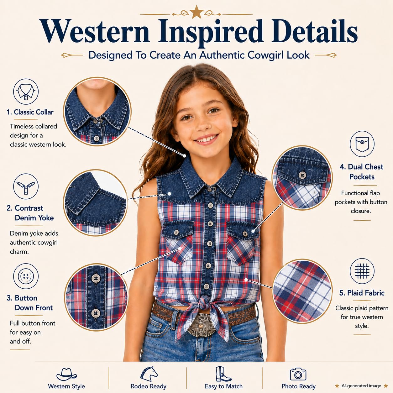 Bienzoe Camiseta corta sin mangas para niñas: blusa informal occidental con botones a cuadros vaquera