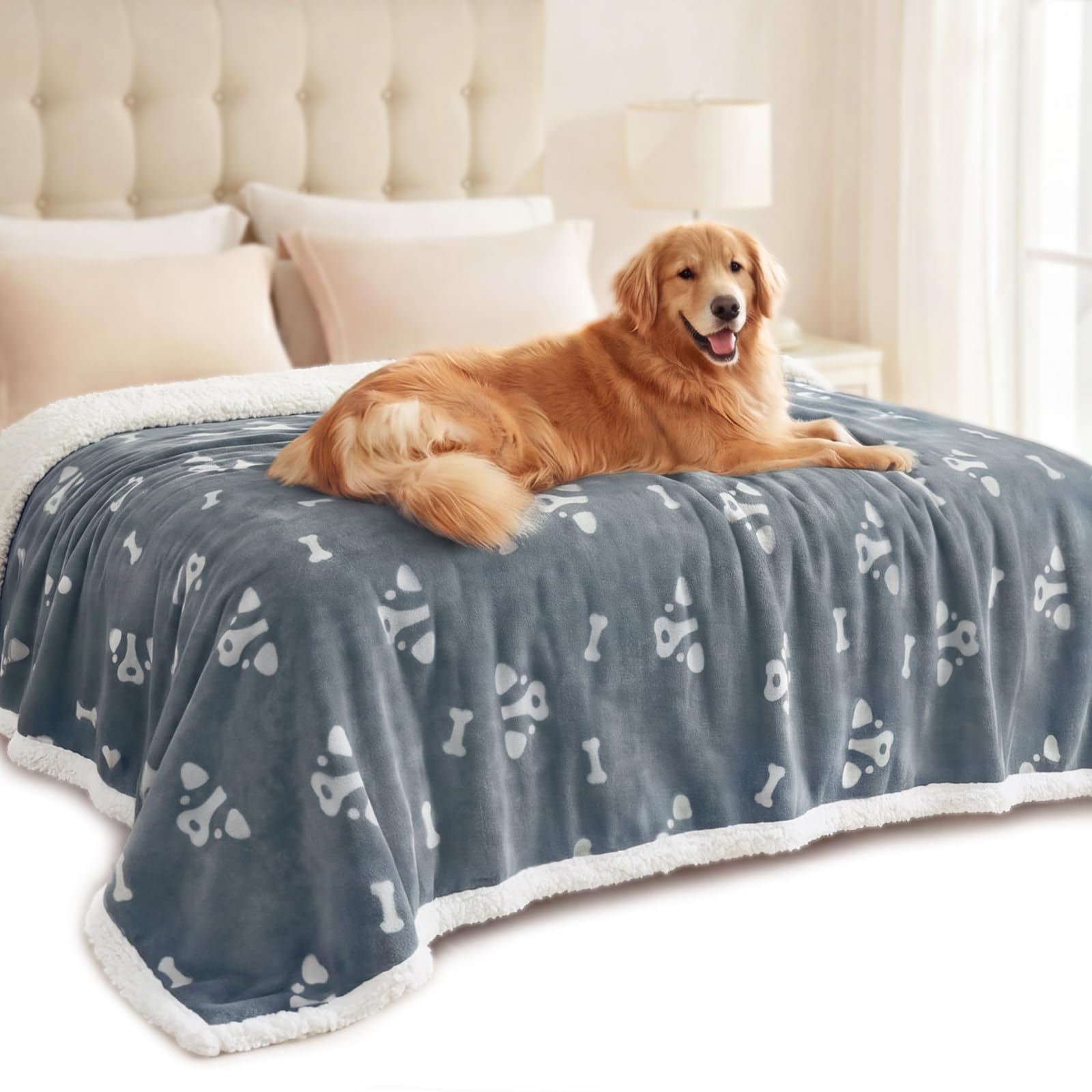 luciphia wasserdichte Hundedecke,kuschelige Fleece Katzendecke,Haustierdecke waschbar für Hunde und Katzen，Schutzdecke für Sofa,Bett,Auto Rückbank,Möbel,Grau Knochen,XL(145x216cm)