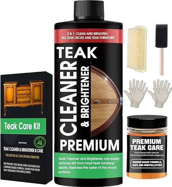 Evlisrtpk Teak Cleaner and Brightener Kit - Teak cleaner for wood outdoor furniture. Ideal for Boats, Decks, Patio & Fine Wood Furniture ｜Marine-Grade Teak Cleaner