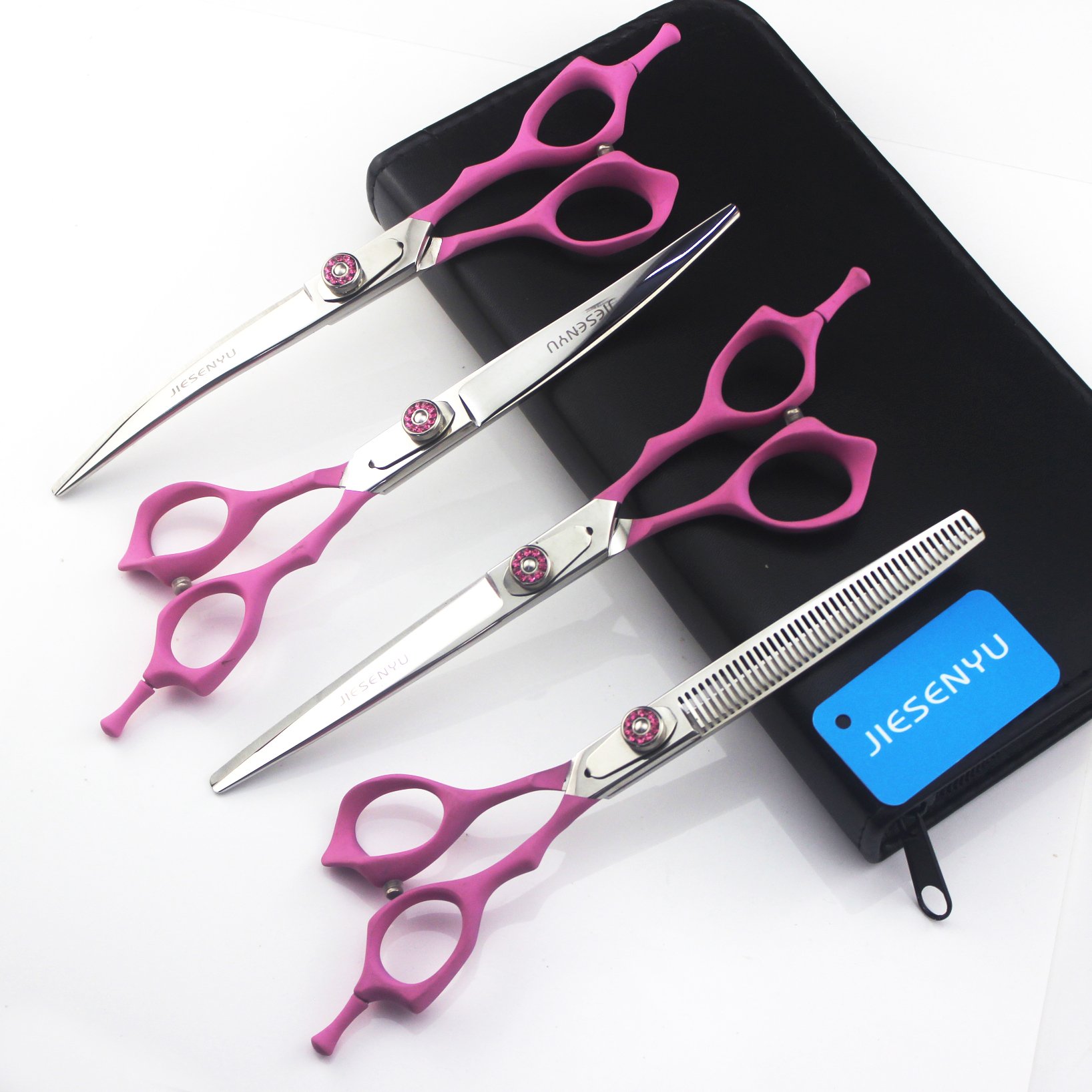 Ciseaux de toilettage aux bords tranchants JIESENYU | Kit 4 pièces rose avec incurvés