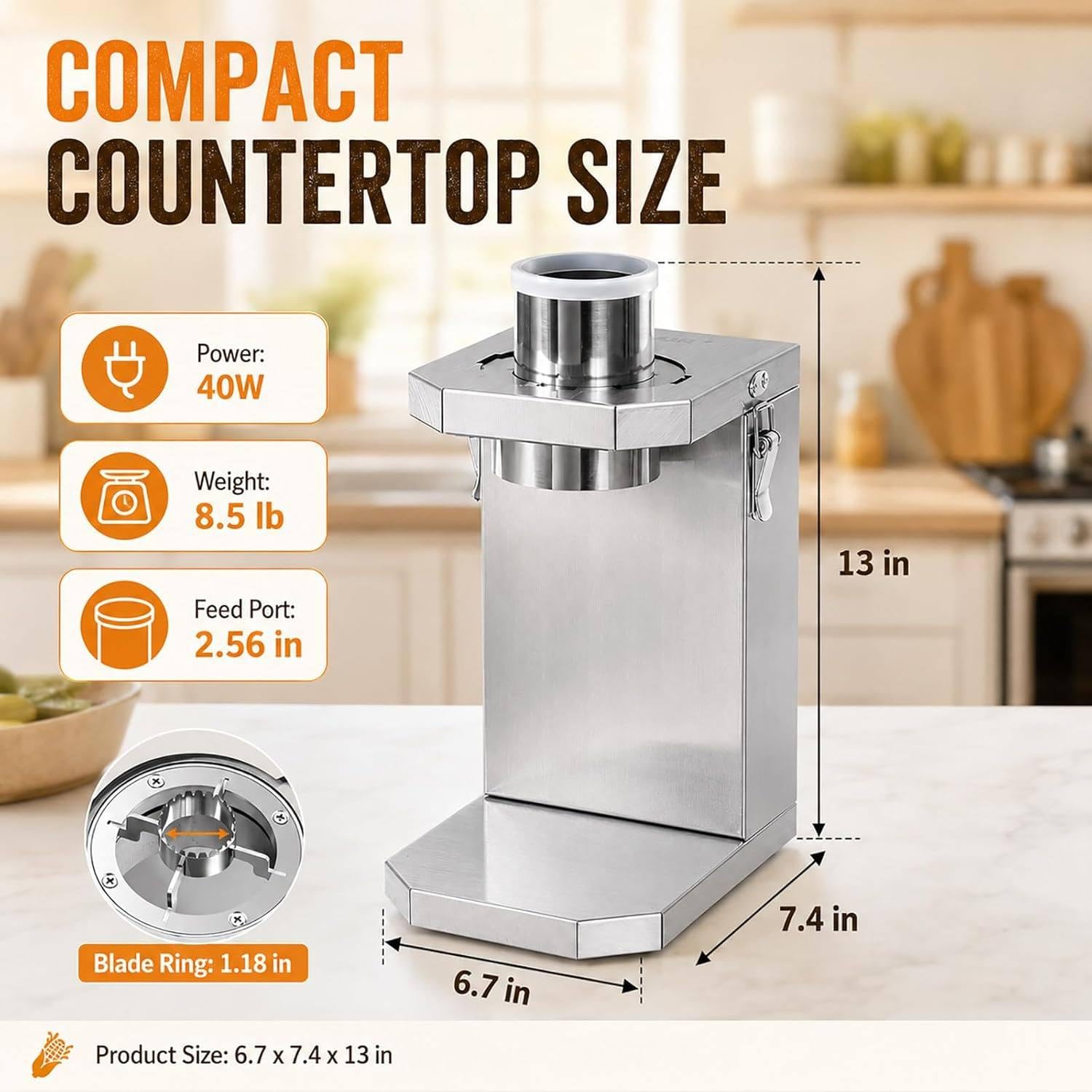 Desgranadora compacta de Acero Inoxidable para encimera | La cuchilla dentada y el interruptor único agilizan el trabajo, mientras las piezas desmontables reducen residuos ocultos.