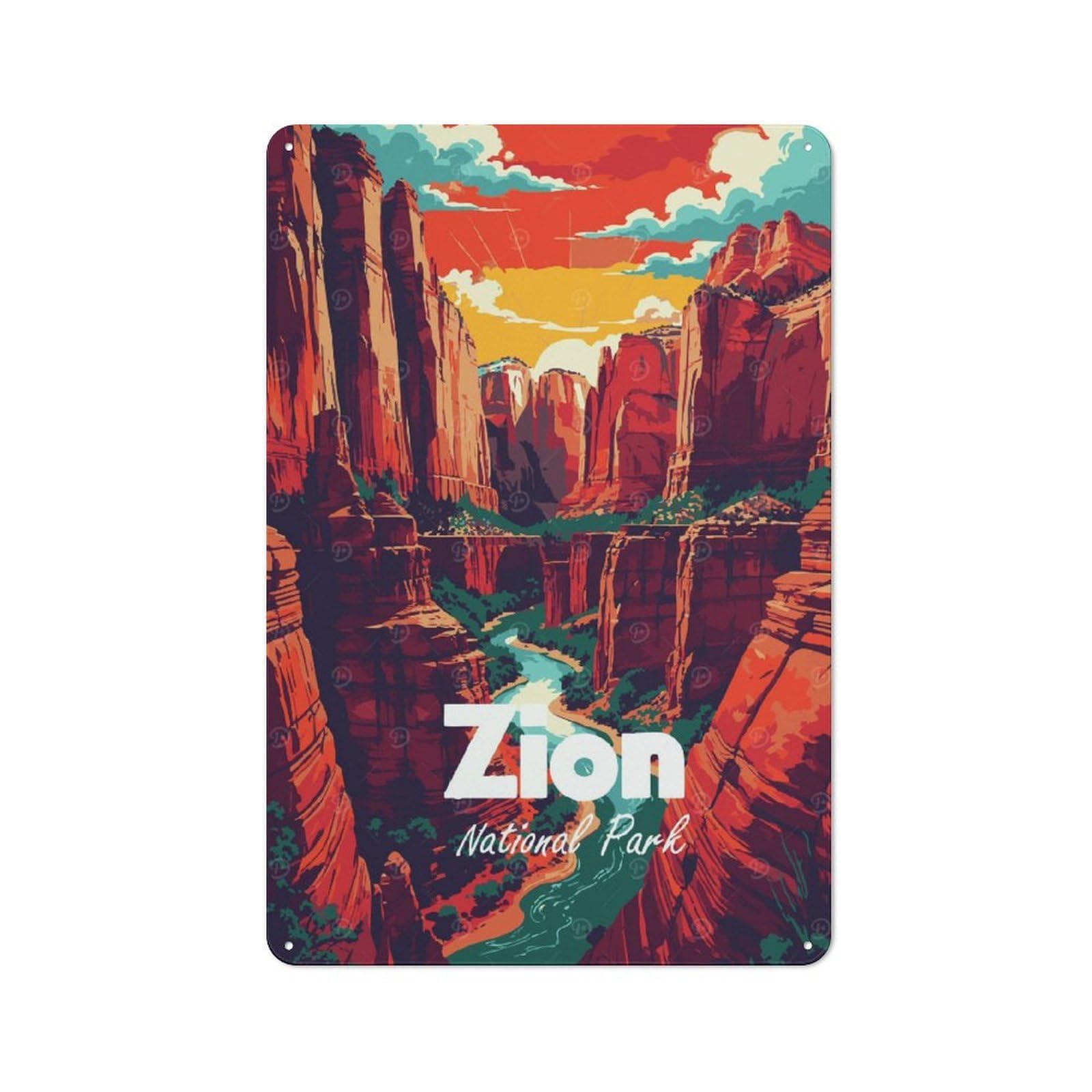 Junmoney Style-2 Zion National Park Illustration Tin Sign 30X20cm, Modern Vintage Creative Space Decor For Hobby Room, Office, Lounge Or Living Room
