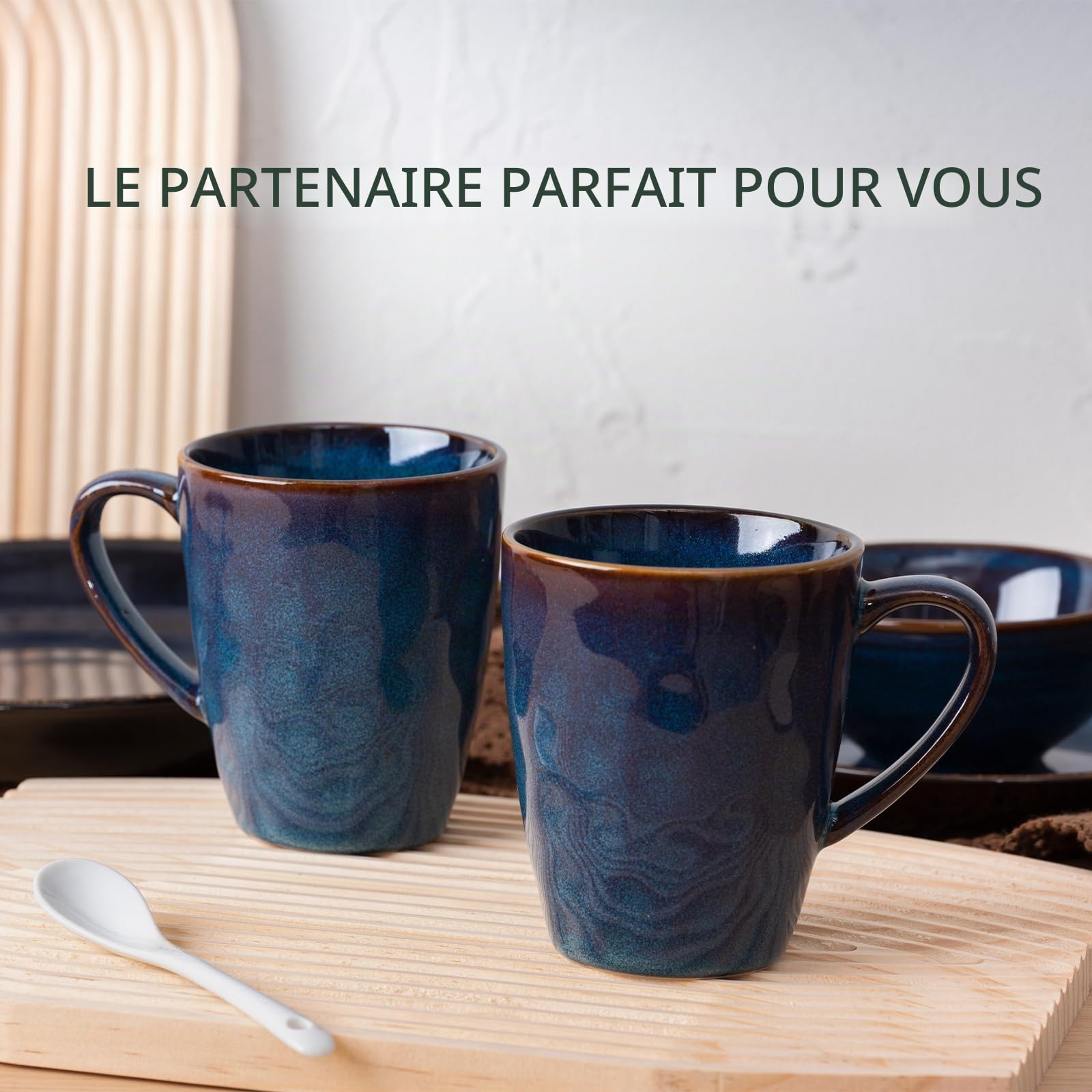 Lot de 6 tasses en porcelaine de 370 ml café avec anse, grandes tasses à café au lait, expresso, cappuccino, céramique, bleu nuit