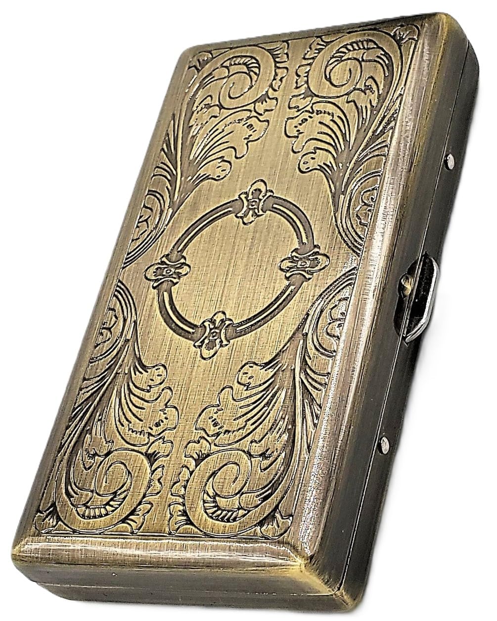 Cigarette Case Victorian Style Metal Holder for Regular, King and 100's Size Pocket Protective Security Wallet (ES100-AB, Antique Brass)