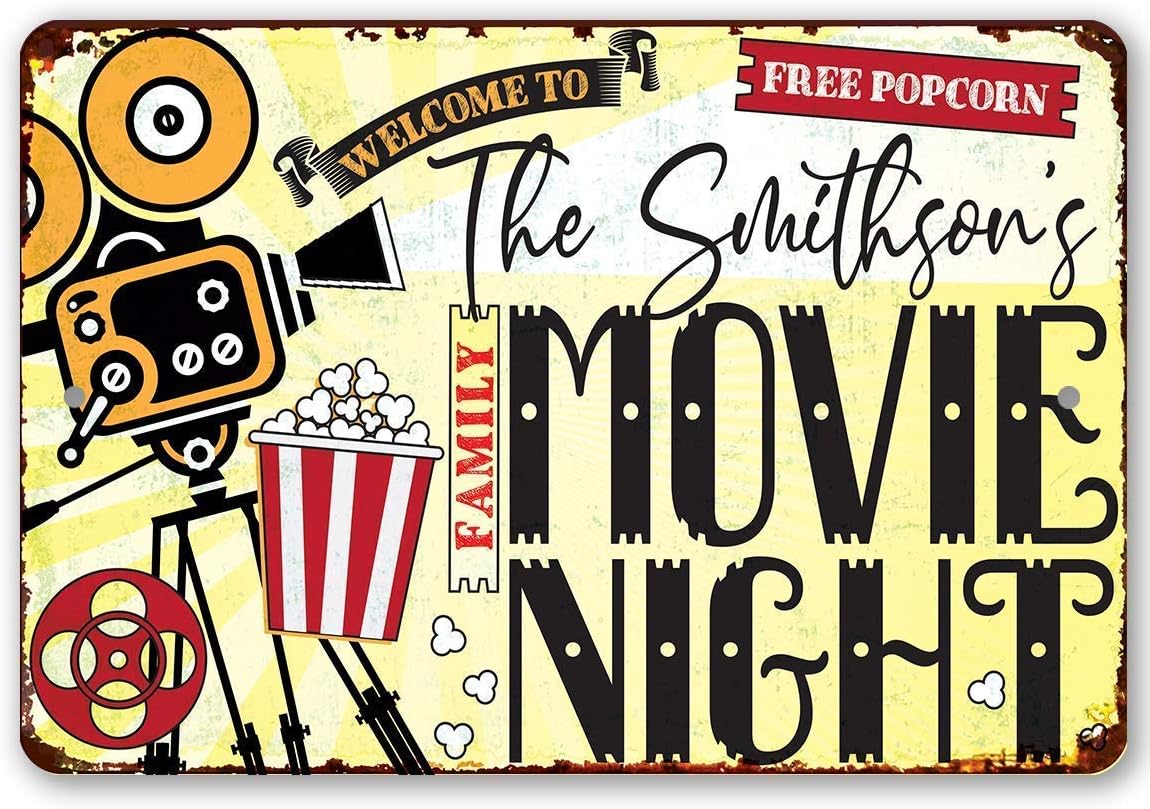 Movie Night Supplies - Personalized - Family Movie Night - Metal Sign - Movie Theater Decor - Home Theater Accessories Movie Room Decor - Movie Night Decorations, Basement Decor, Movie Theater Signs