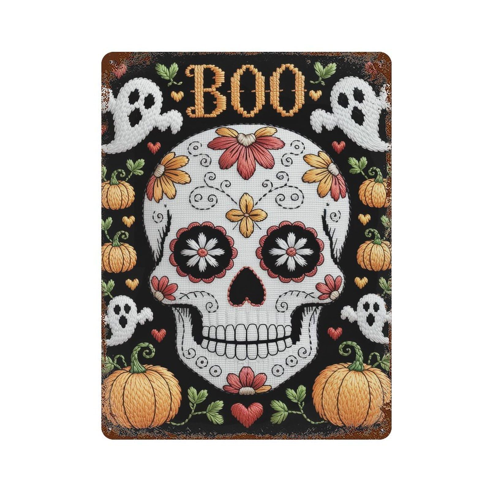 Distressed Metal Wall Sign with Halloween Embroidery Skull with Pumpkins And Ghosts Design 15.7"x11.8", for Farmhouse, Kitchen And Entryway Decor, Old School Wall Decor