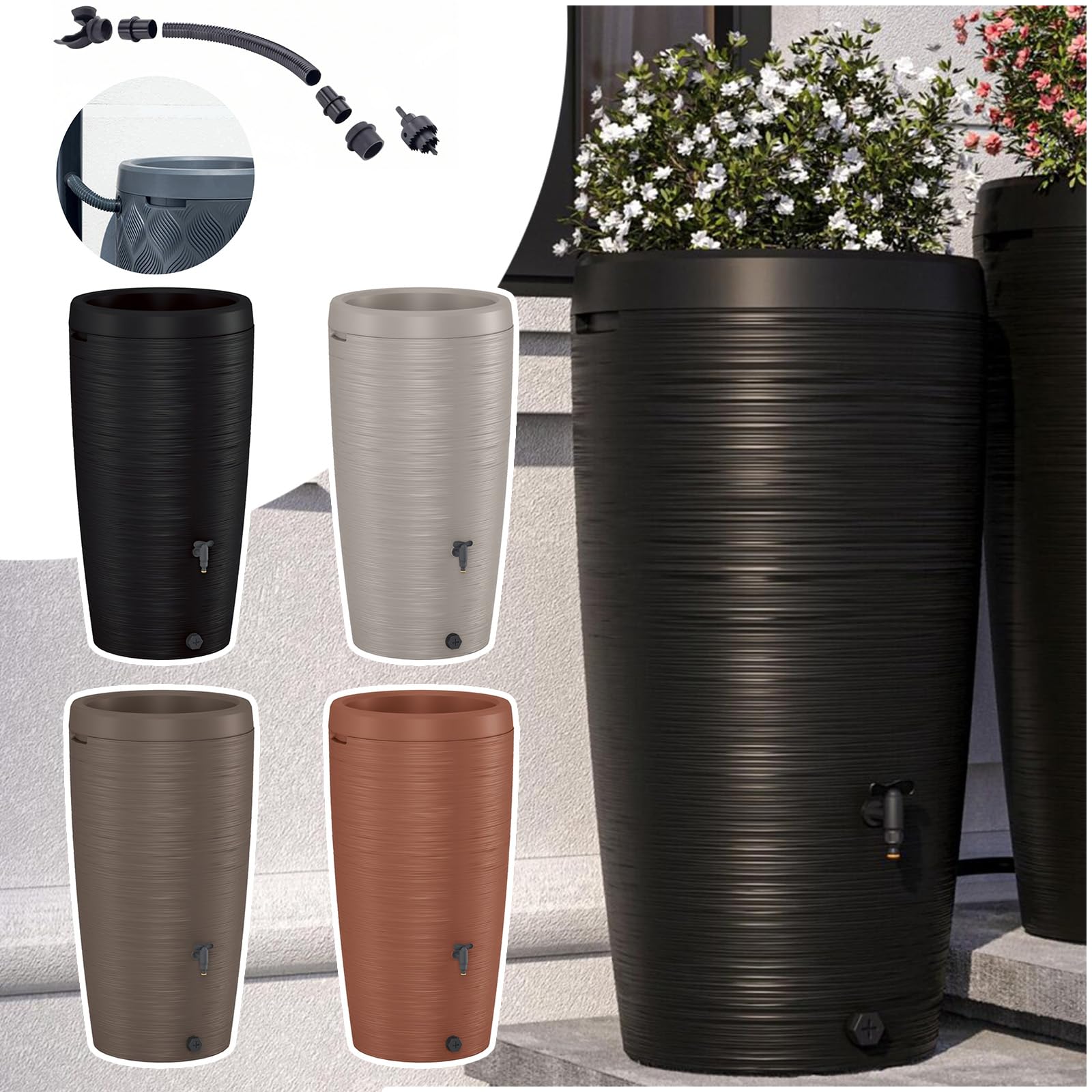 Regenwassertank 240L Regentonne mit Pflanzschale | mit Wasserhahn | 4 Farben