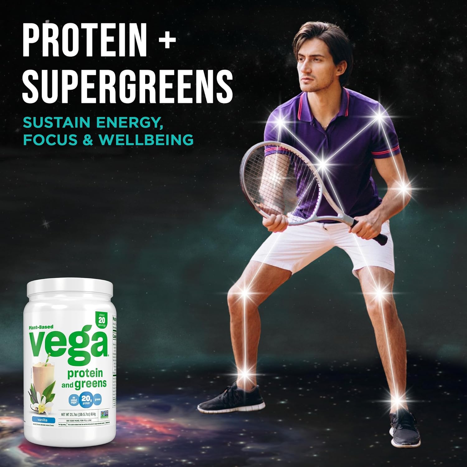 Vega Premium Protein + Supergreens, Vanilla – 20g Vegan Protein, Dairy & Gluten Free, 21.7 oz (20 Servings)