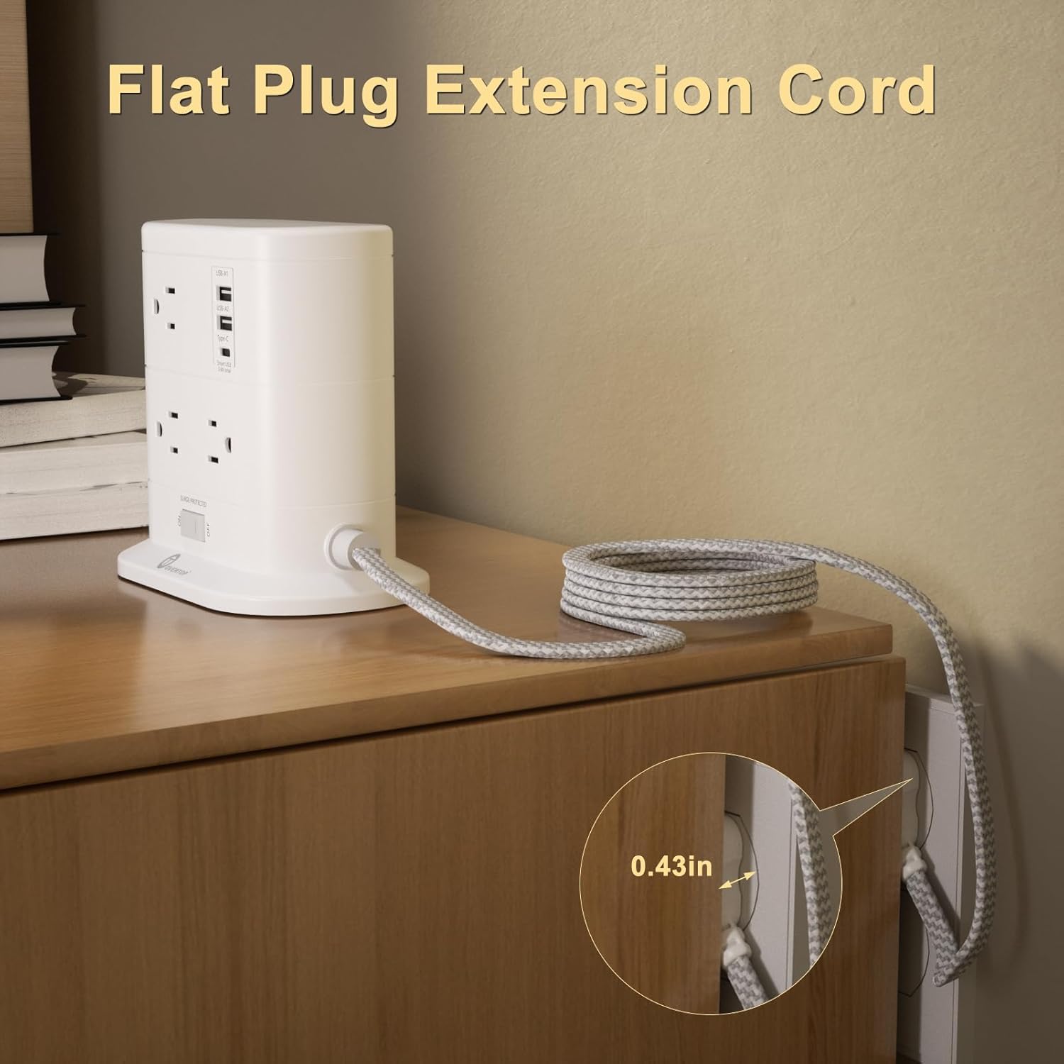 Overtop Surge Protector Tower Power Strip,Nightlight Flat Plug with 7 AC Multiple Outlets 3 USB Ports,Charging Station1625W/13A 1600J 6.5FT Braided Extension Cord, Office Supplies,Dorm,Home
