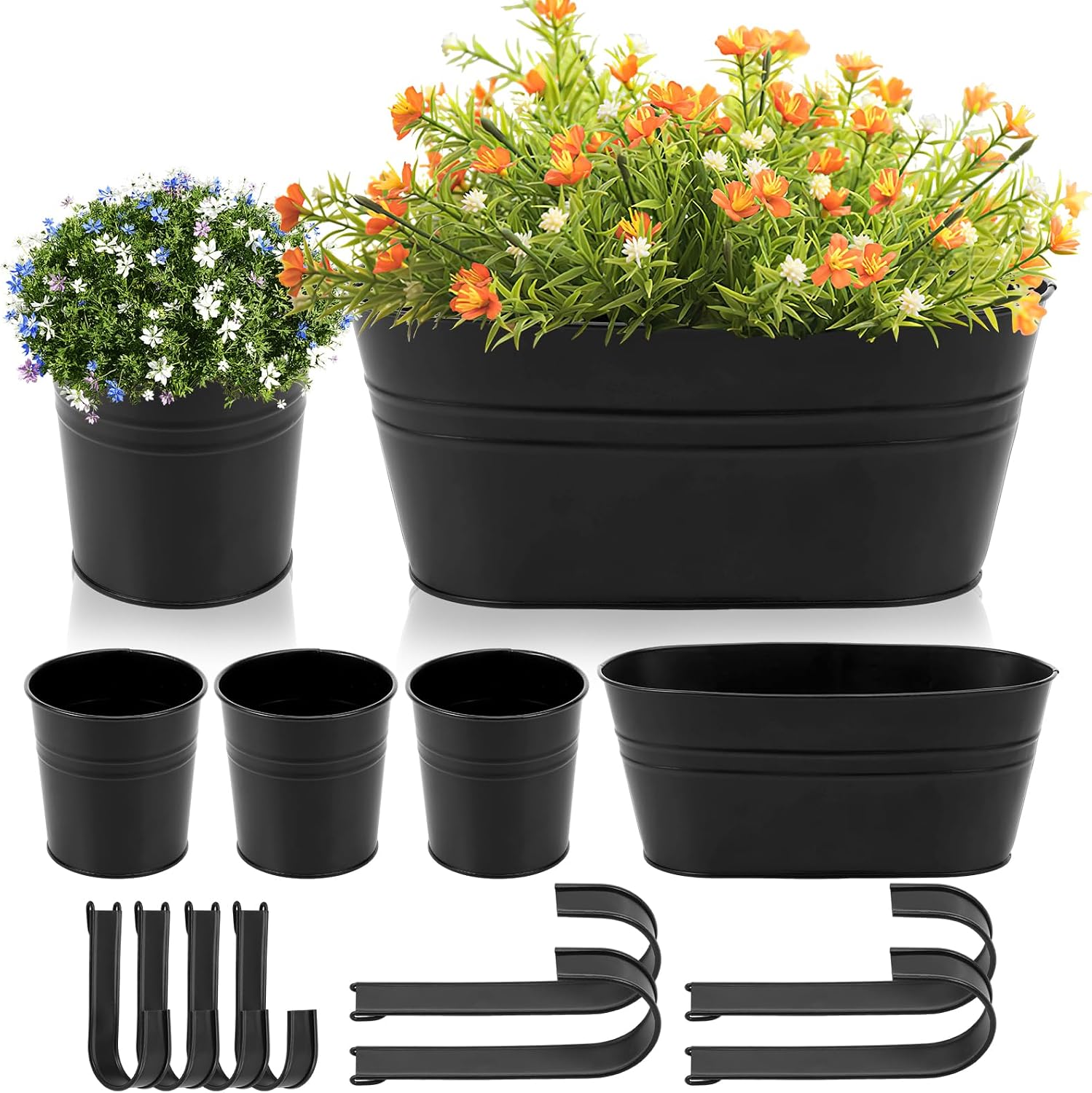Railing Planter for Outdoor 6 Pack Large Iron Balcony Hanging Planter with Detachable Hook and Drainage Hole Rail Pot for Home Garden Fence