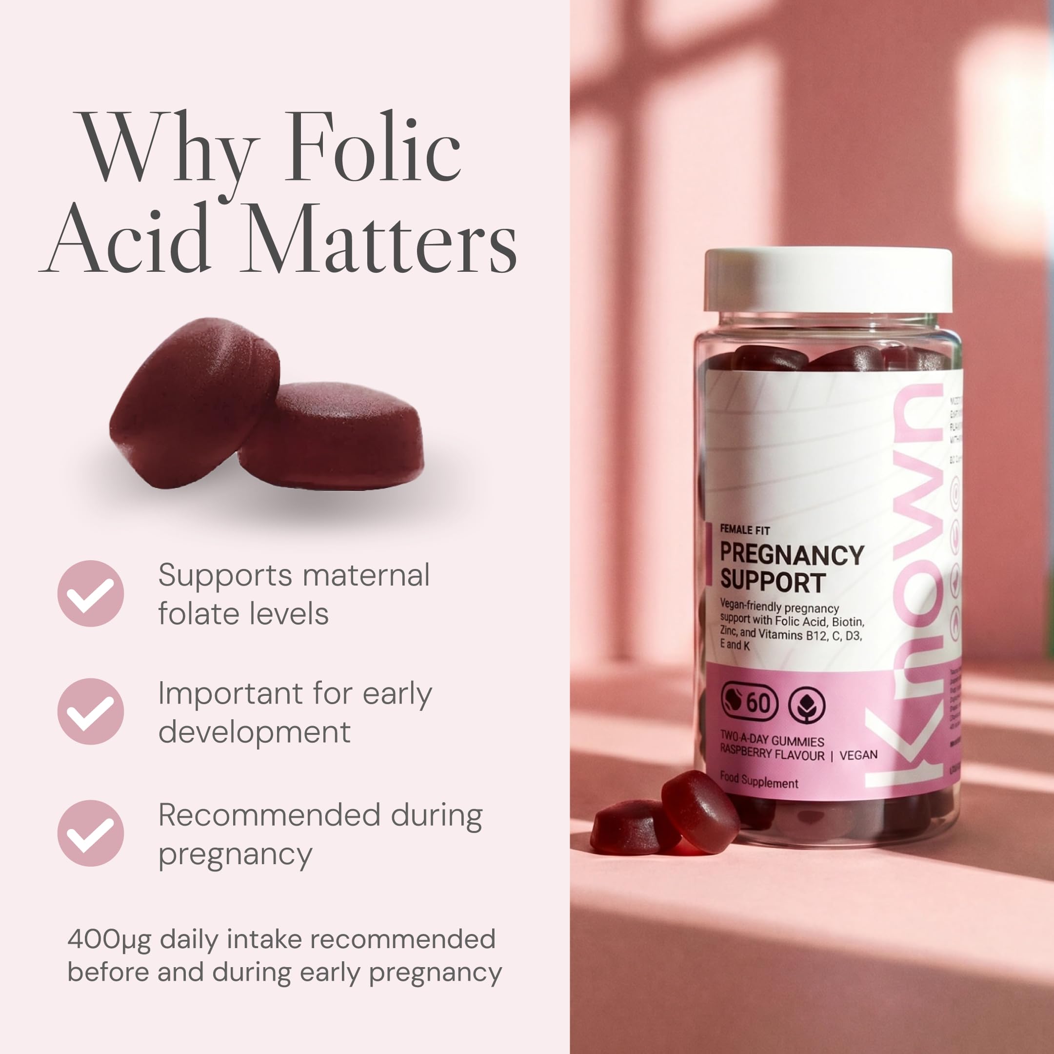 Known Soutien Grossesse Gummies avec 400mcg Acide Folique – Saveur Framboise – Complément Gommes Végan Multivitamines Prénatales avec Vitamin D3, K, C, E, B12, Biotine & Zinc – Cure 1 Mois