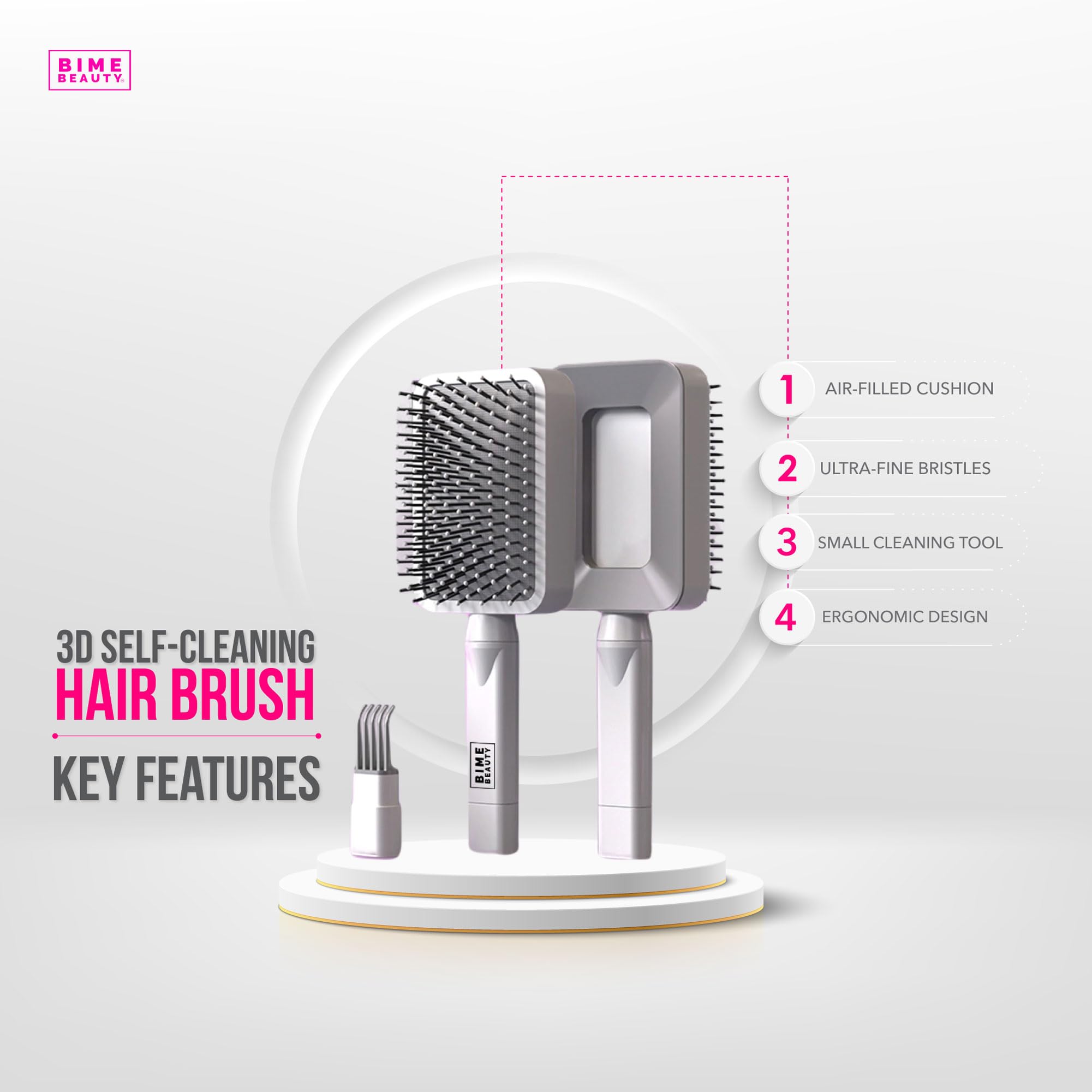 Bime Beauty Brosse rectangulaire 3D autonettoyante de luxe | Brosse à cheveux autonettoyante pour femme | Idéale pour les femmes dans la coiffure | Brosse de massage utilisée pour tous les types de