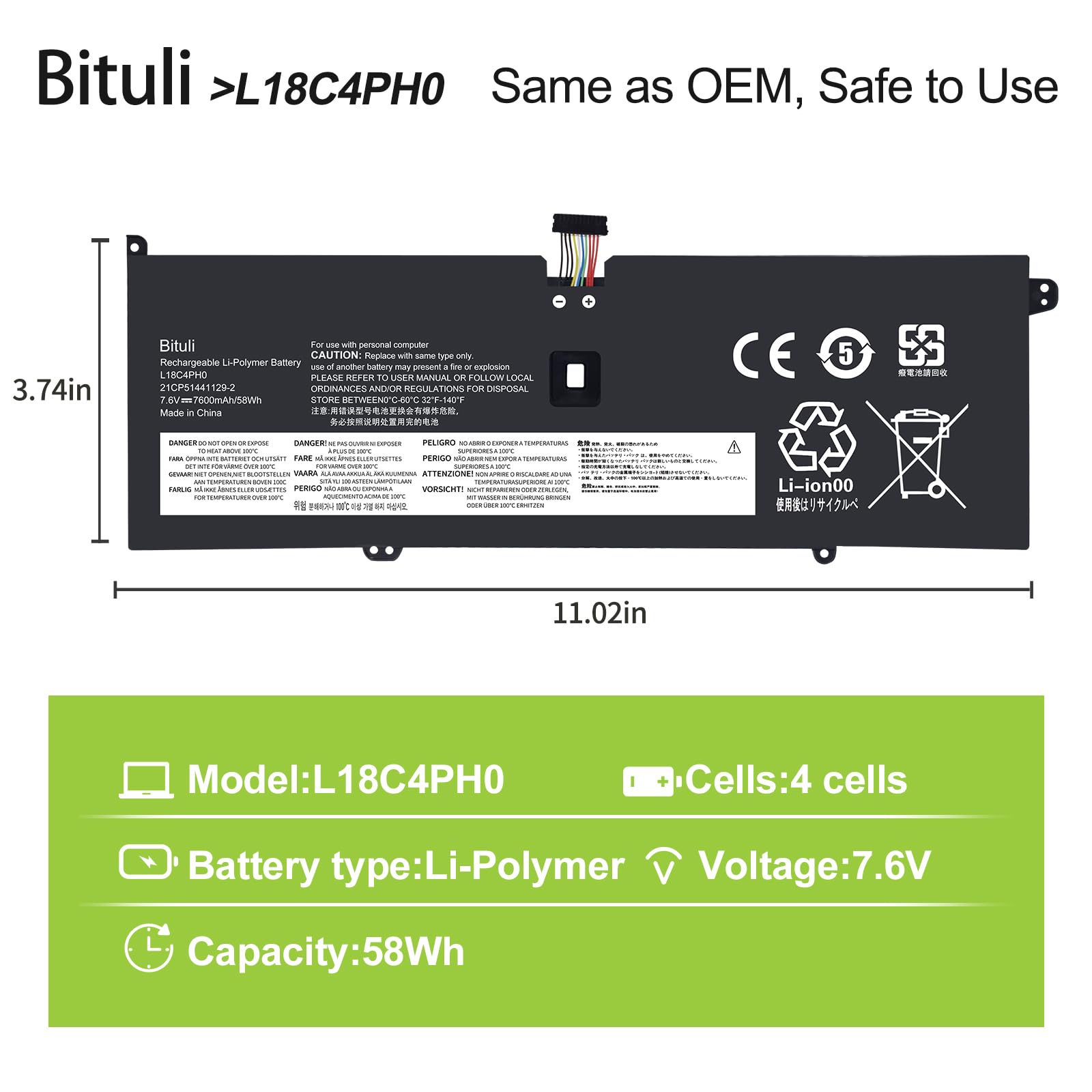 Bituli L18C4PH0 Laptop Battery Replacement for Lenovo Yoga C940-14IIL Yoga C940 14 SP/A Series L18C4PH0 5B10T11585 5B10T11586 5B10W67374 SB10W67323 7820mAh 7.68V 60Wh