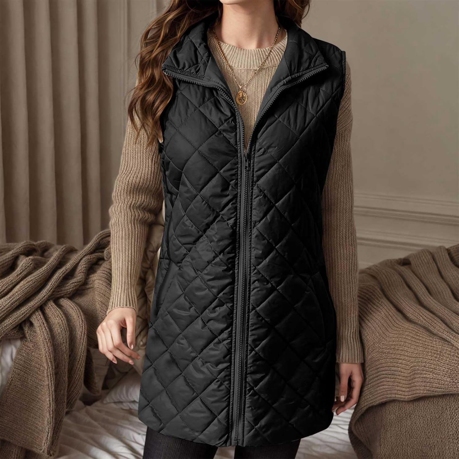 Puffer Vest Women Long Trendy Plain Sleeveless Quilted Jacket Zip Up Lightweight Warm Padded Gilet Coat Outerwear - Image 8