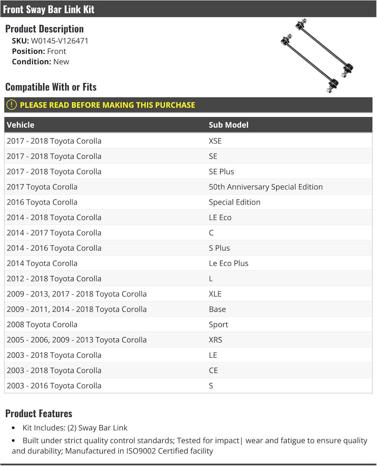 Front Sway Bar Link Kit - 2 Piece - Compatible with 2003-2018 Toyota Corolla